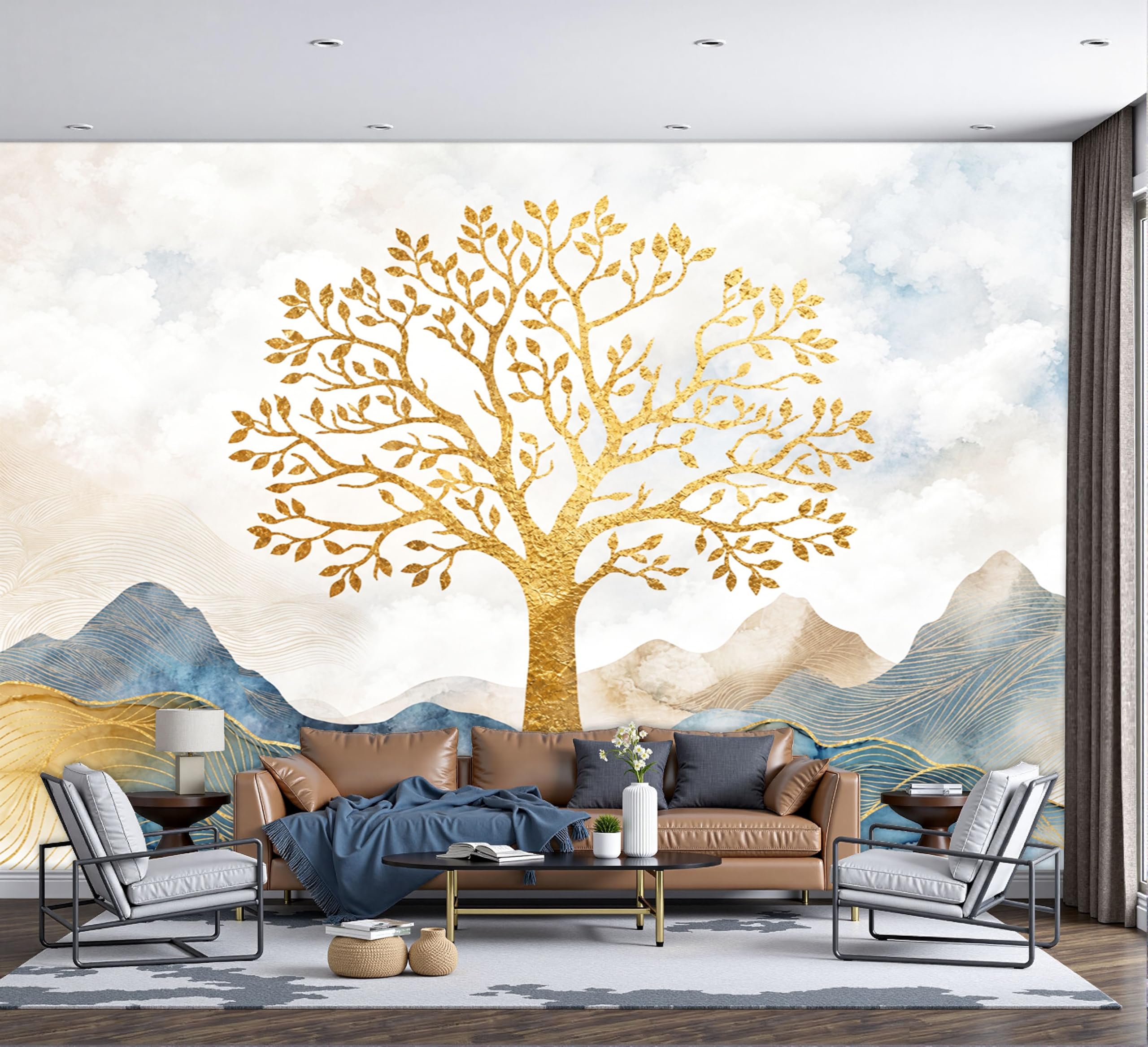 Carta da Parati Fotografica Albero Soldi Dorato - 200x140cm - Fotomurali in Soie Paesaggio Minimalista - Sfondo Murale Effetto 3D - Decorazione Da Muro Per Soggiorno Ufficio Camera Da Letto, Beige
