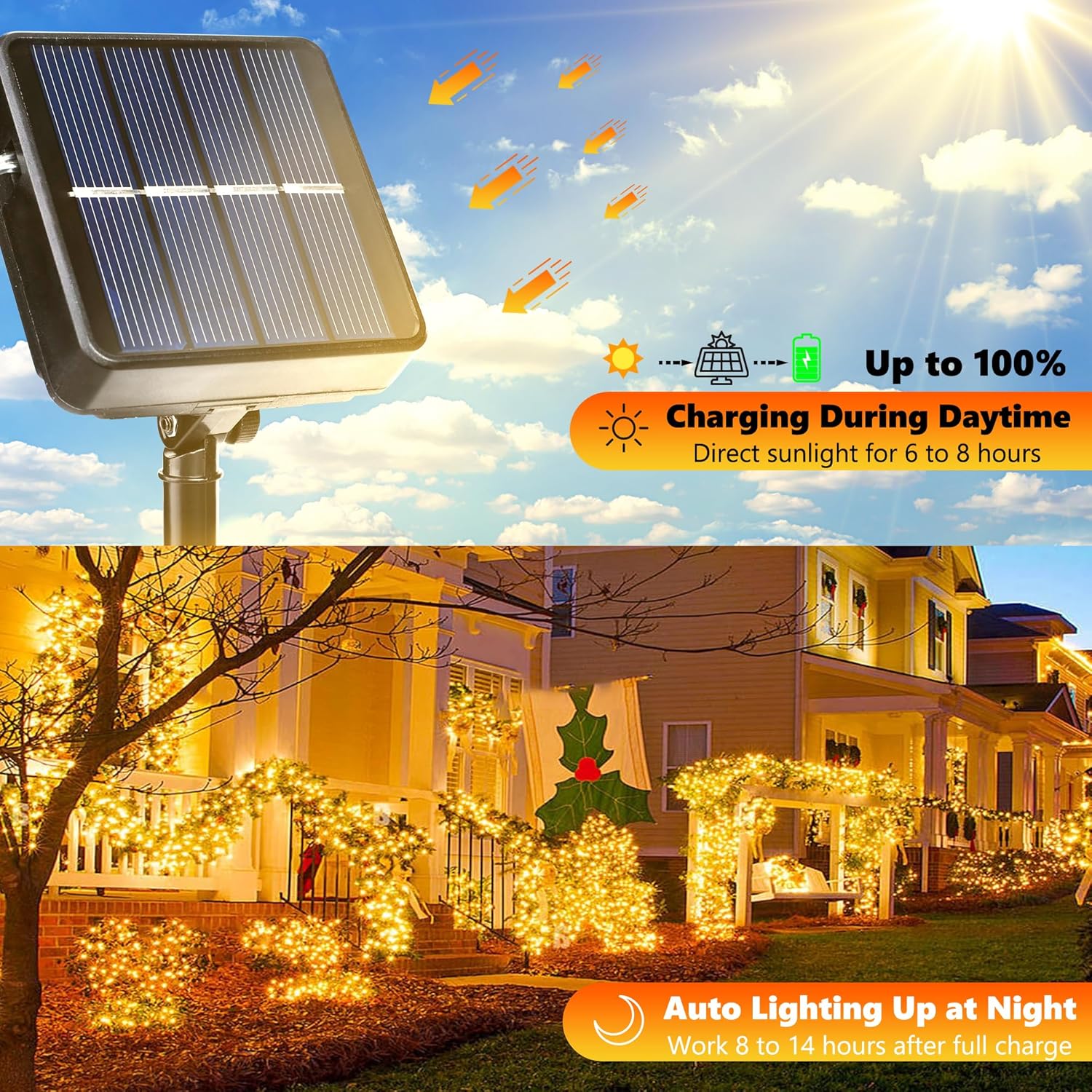 Joomer Solar Christmas String Lights, 39FT 100LED Waterproof Outdoor Lights with 8 Modes Twinkle Fairy Light for Garden, Patio, Yard, Tree and Christmas Decor (Warm White)