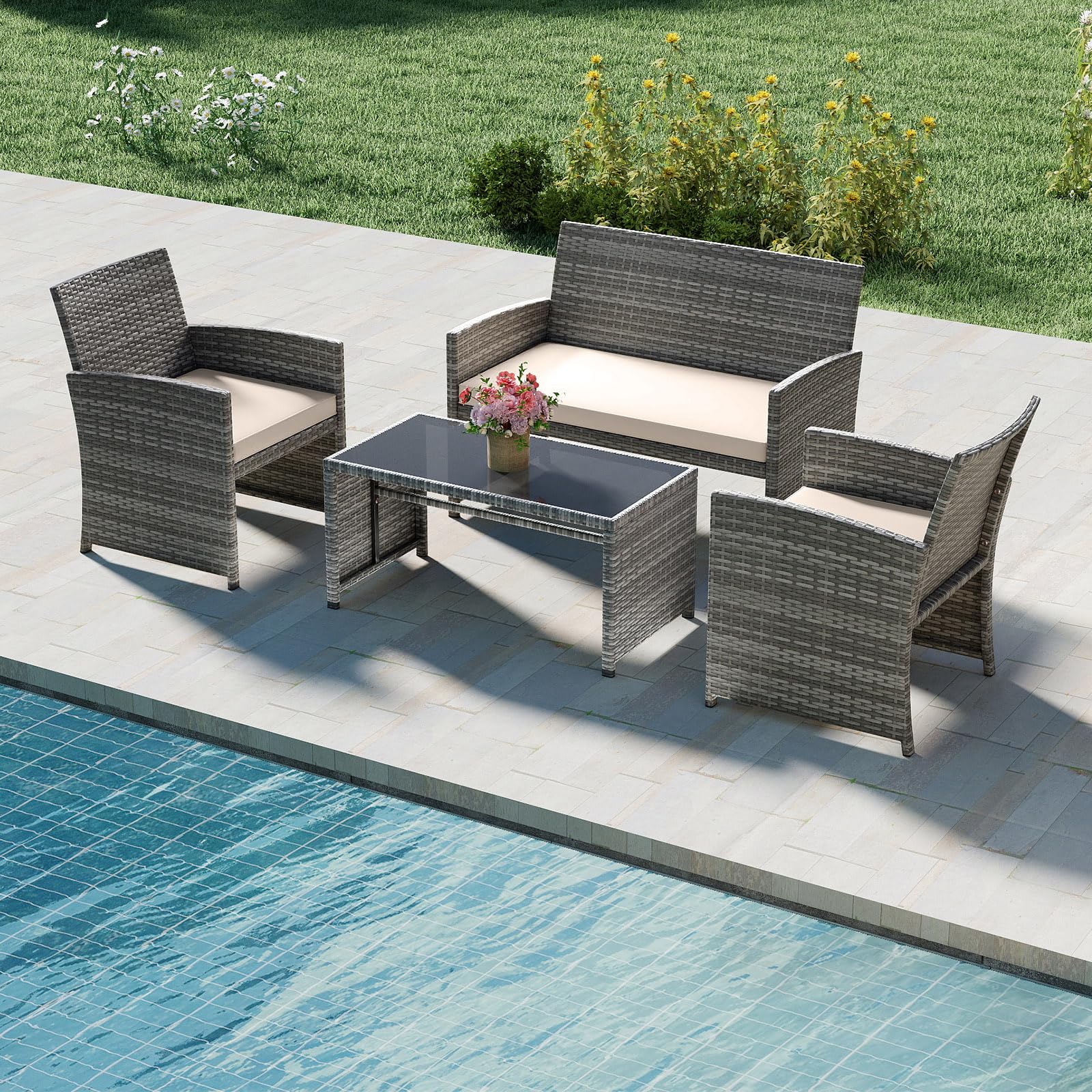 SOARS Set Mobili da Giardino in Rattan PE, Divano 2 Posti, 2 Poltrone, Tavolino Vetro, 4 Posti, Grigio+Bianco