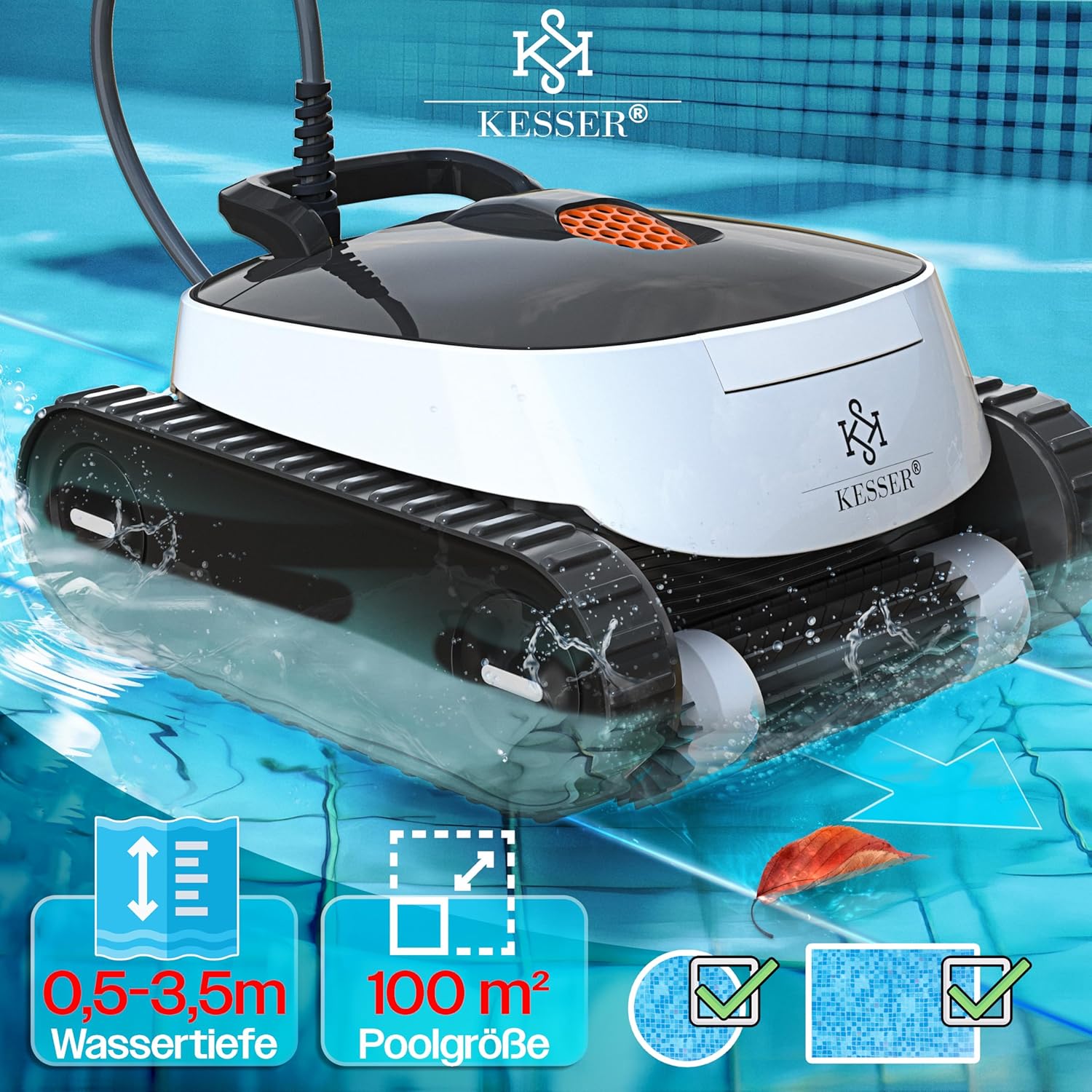 KESSER Splash Bot 365 showing water depth and pool size compatibility