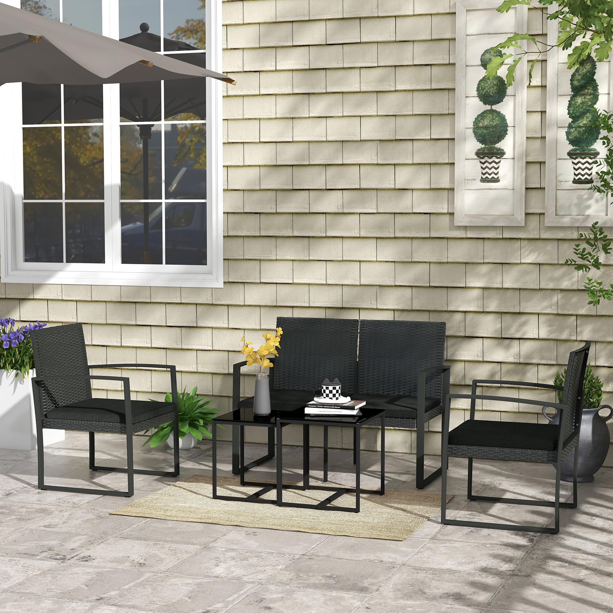Outsunny Conjunto de Muebles de Jardín de Ratán Sintético 5 Piezas Negro | Conjunto Jardín Exterior, 2 Sillones, 1 Sofá de 2 Plazas, 2 Mesas de Centro, para Patio Terraza