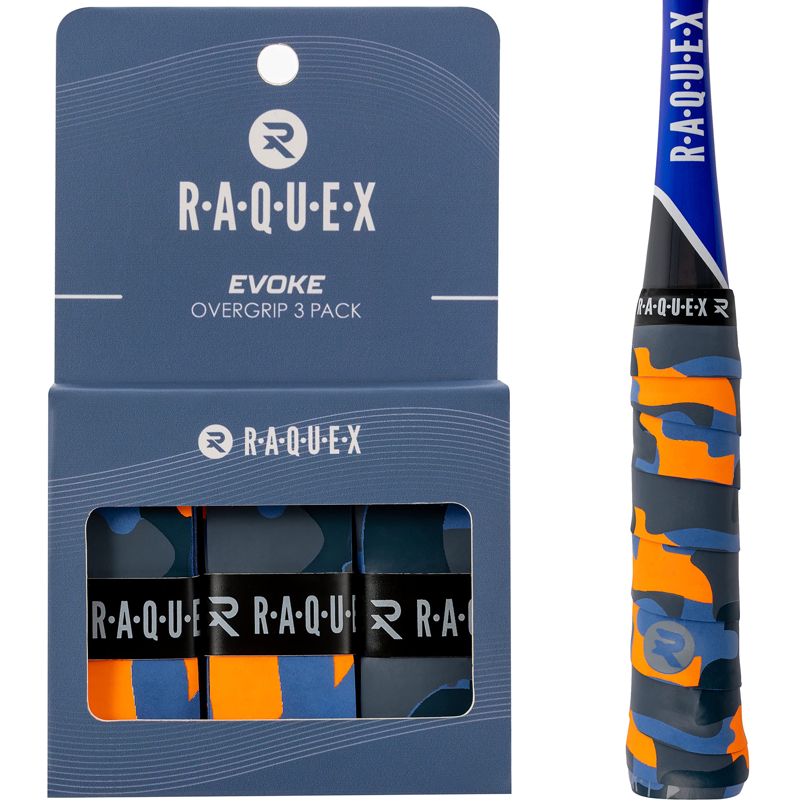 Raquex Evoke Overgrip Tape 3 Pack - Tennis Racket Grip Tapes (11 Designs) - Racquet Anti Slip Tape Overgrip for Tennis Rackets, Badminton, Squash, Padel. Finishing Tape Included