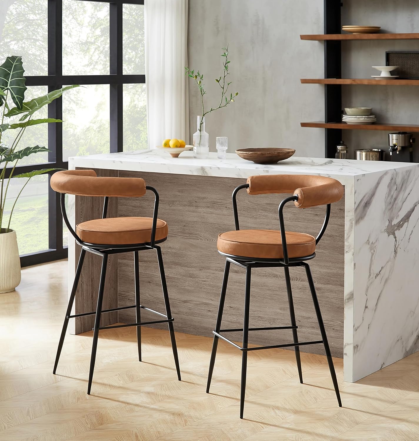 Art Leon Swivel Bar Stool, Modern Faux Leather Counter Height Bar Stool, 30" Counter Stool with Back for Kitchen Island, Khaki