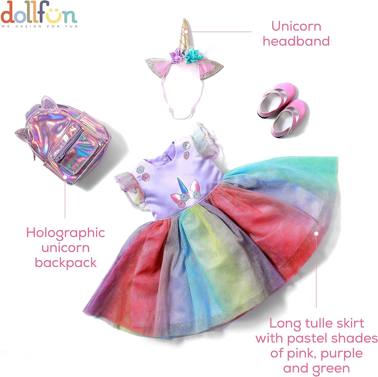 18 inch Doll Clothes and Accessories, Unicorn Dress Set Includes Shoes, Unicorn Headbands & Backpack(Compatibie with Most 18 Inch Doll)