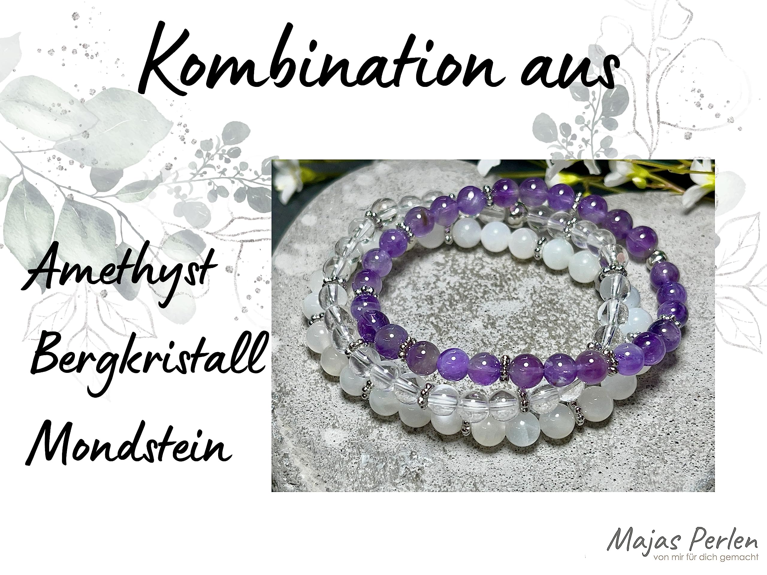 Mondstein Armband Perlen echt 6mm Daisyperlen platiniert - Größe 15 bis 17cm - Handmade Perlenarmband für Sensibilität Fruchtbarkeit Weiblichkeit - Spiritueller Schmuck Damen