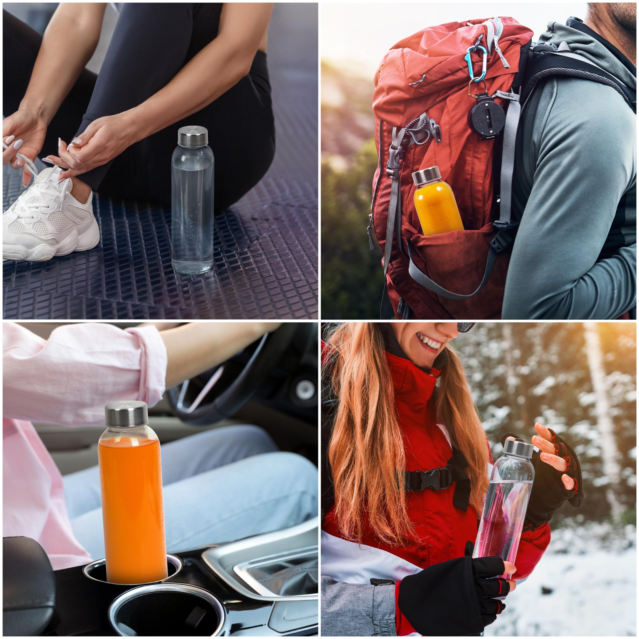 Winter Shore Botellas Cristal Reutilizable de 500 ml [Pack de 6] - Botella Vidrio Transparente para Bebidas Frías y Calientes, Zumos, Batidos, Smoothie - Prueba de Fugas con Tapas de Acero Inoxidable