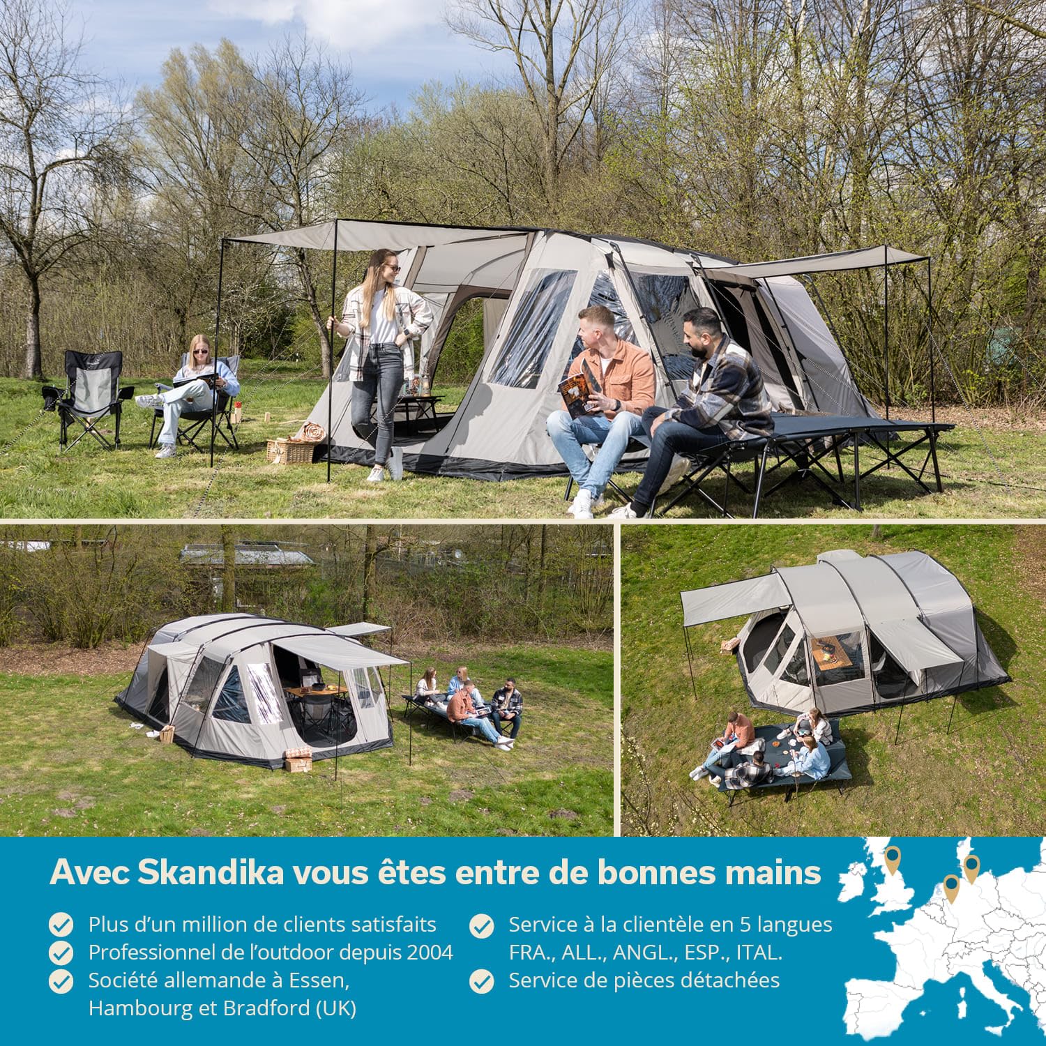 skandika Nordland 4 - Tente familiale Tunnel - 4 Personnes - 580 x 320 cm - Tapis de Sol Cousu