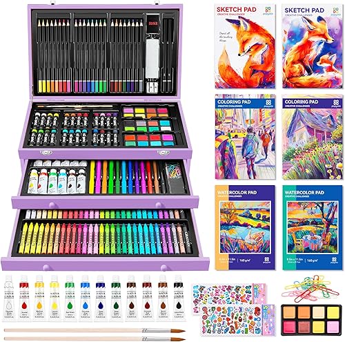 Miniatura 9 de Suministros de arte, juego de arte de madera de lujo de 185 piezas, kits de arte profesional con 2 libros de bocetos, crayones de colores, lápices