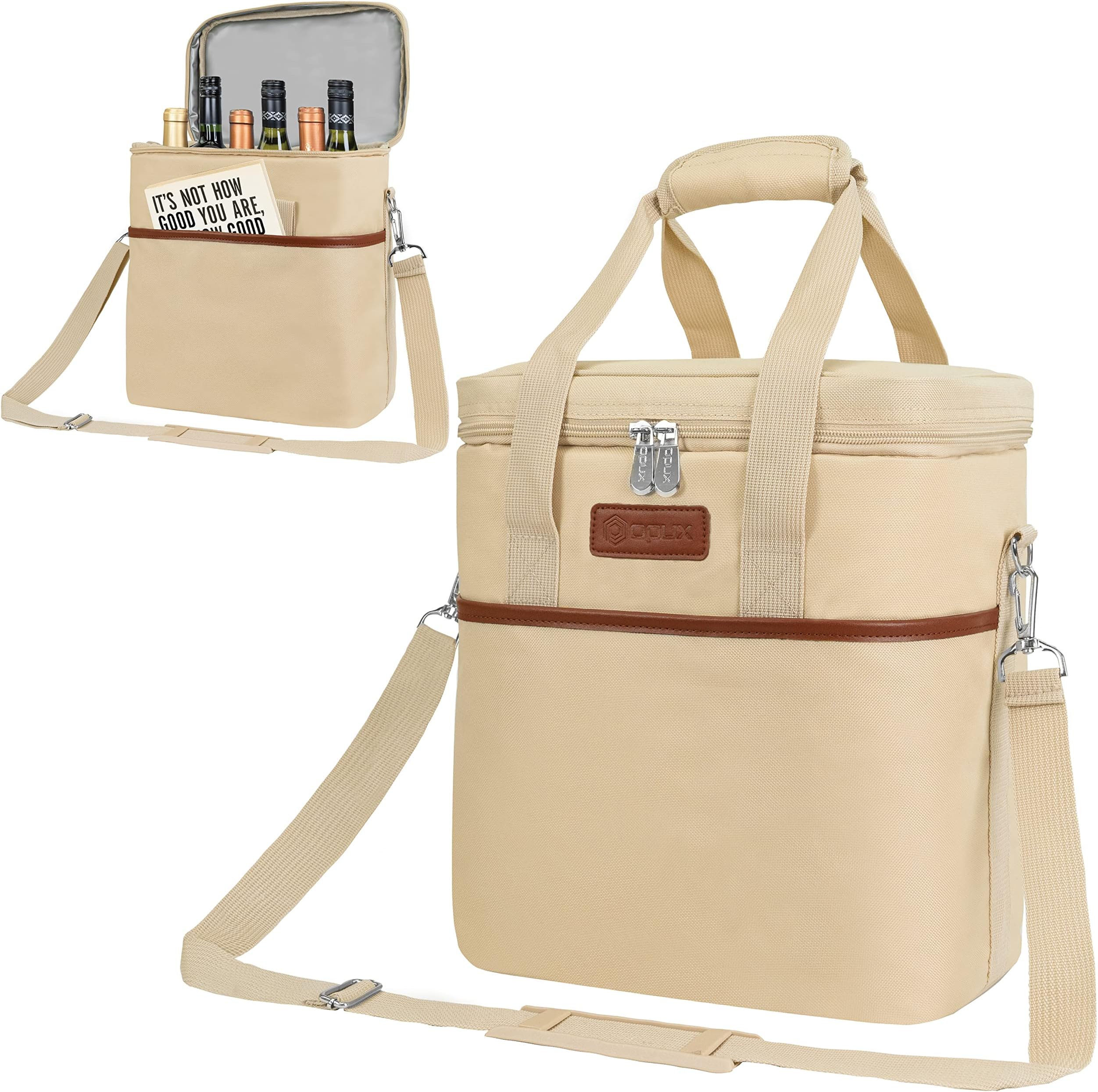Opux 6 Bottle Carrier Tote | Insulated Padded Cooler Bag for Travel, Picnic, BYOB | Portable Leakproof Wine Tote for Dinner, Party, Christmas, Gift for Women, Men (Cream Beige)