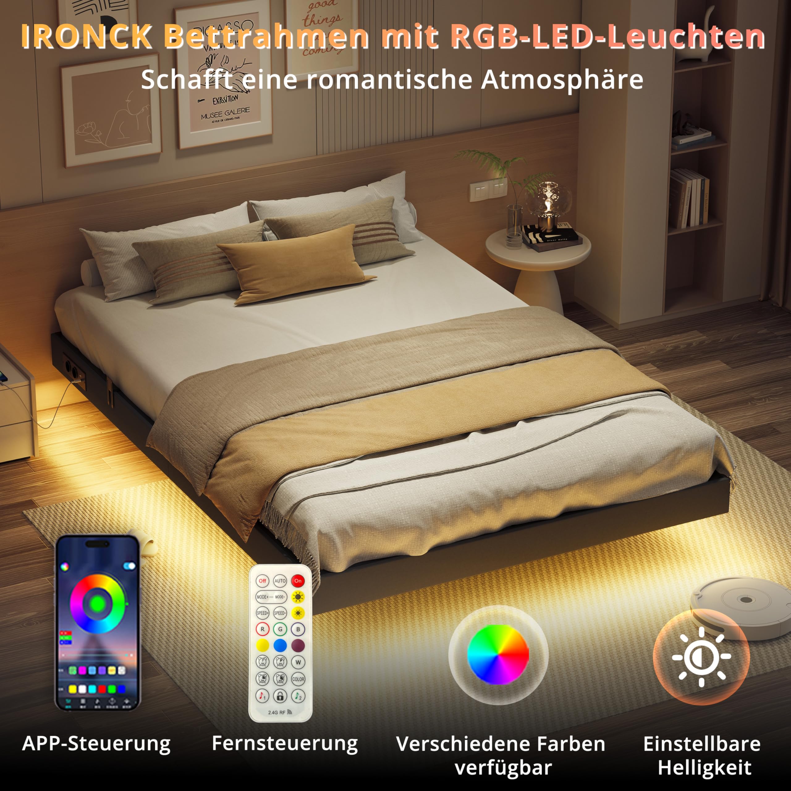 IRONCK Bettgestell 140x200 cm, Schwebender Bett mit LED Beleuchtung, Gepolsterte Seitenwände, 2 AC-Steckdosen, 2 USB-A-Anschluss, 1 USB-C-Anschluss, Metallbett mit Lattenrost Doppelbett, Grau