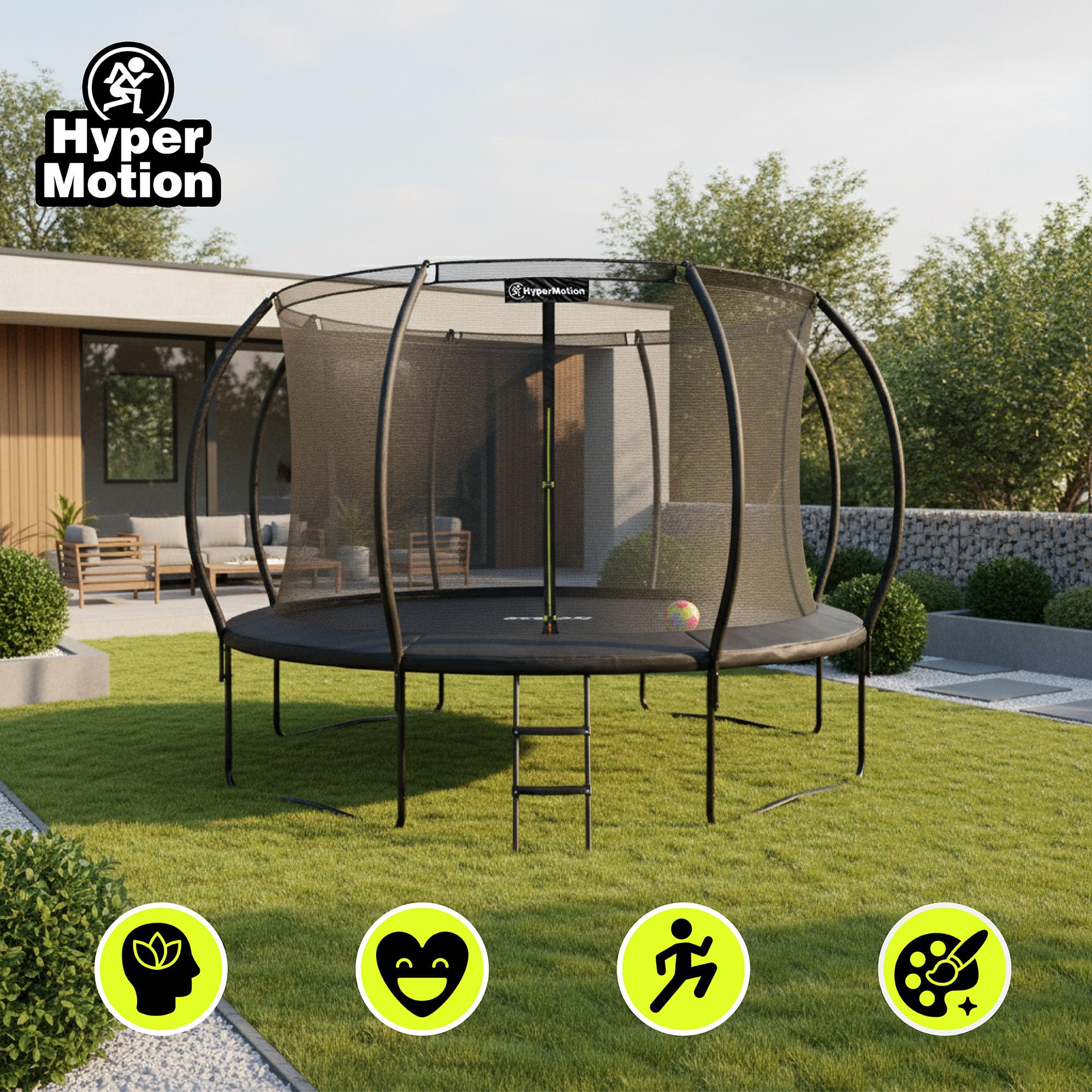 Hypermotion Trampoline Exterieur Enfant 3 Ans 244/305/366/430/487 cm Séchage Rapide et Déperlant – Excellente Élasticité de Saut – Trampoline de Jardin avec Filet de Sécurité