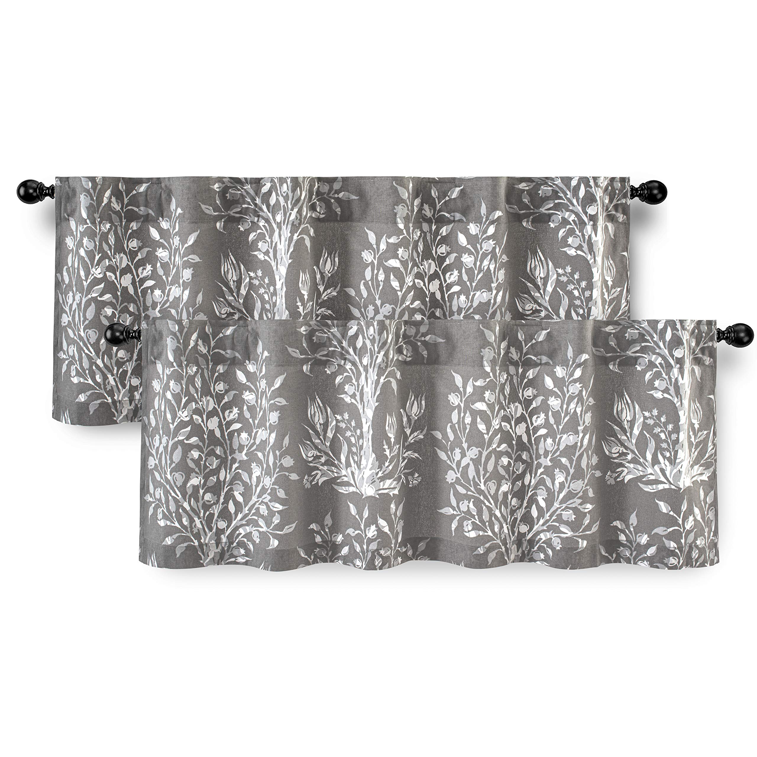 DriftAway Anna Window Curtain Valance 100 Percent Cotton Tree Branches Botanical Print Back Tab 2 Pack Each 52 Inch by 18 Inch Gray