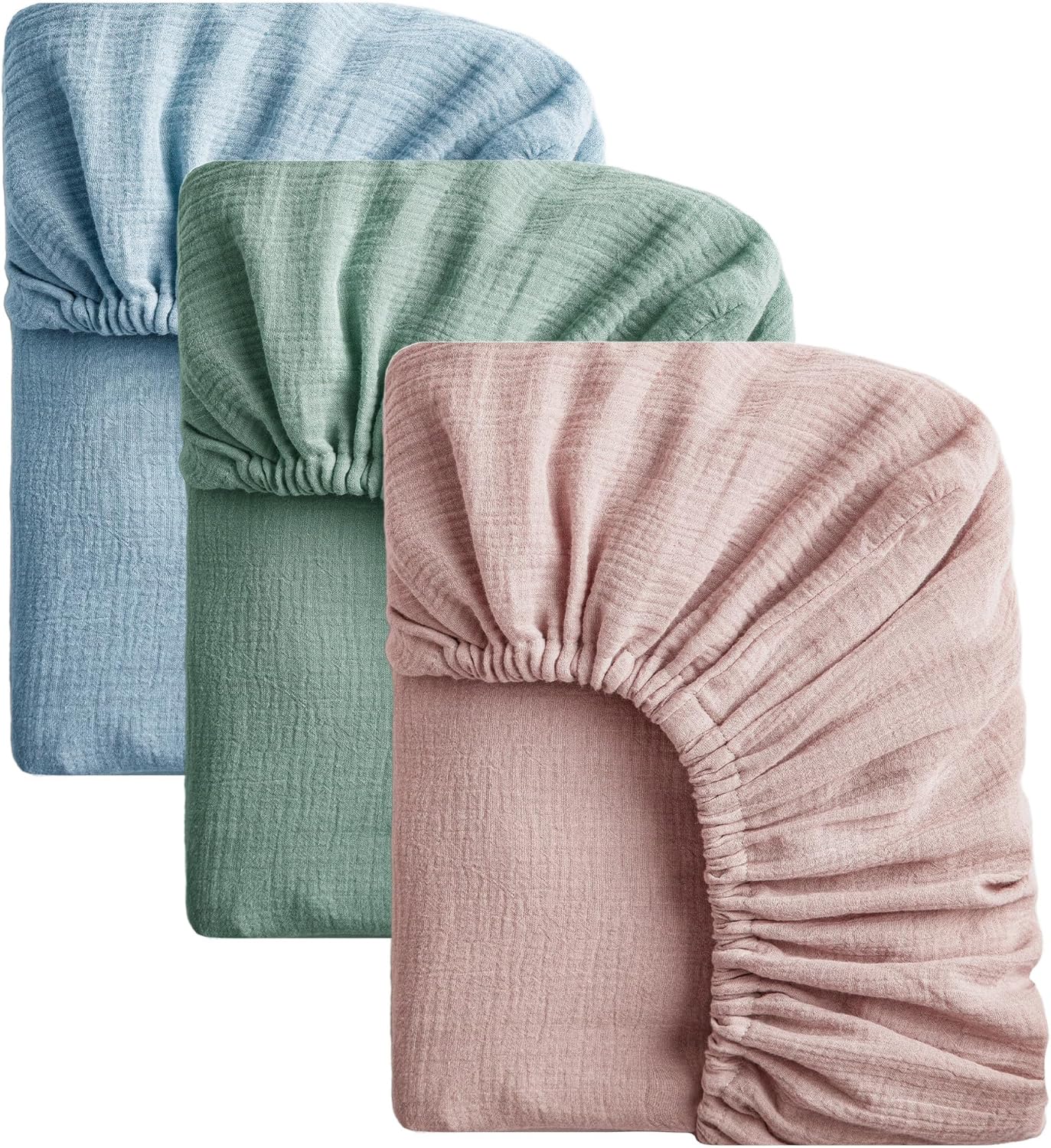 SOULFUL Muslin Crib Sheets for Boys Girls, 3 Pack Soft and Breathable Cotton Fitted Crib Sheets for Standard Crib Mattress (28"x 52", Blue & Dusty Rose & Green)