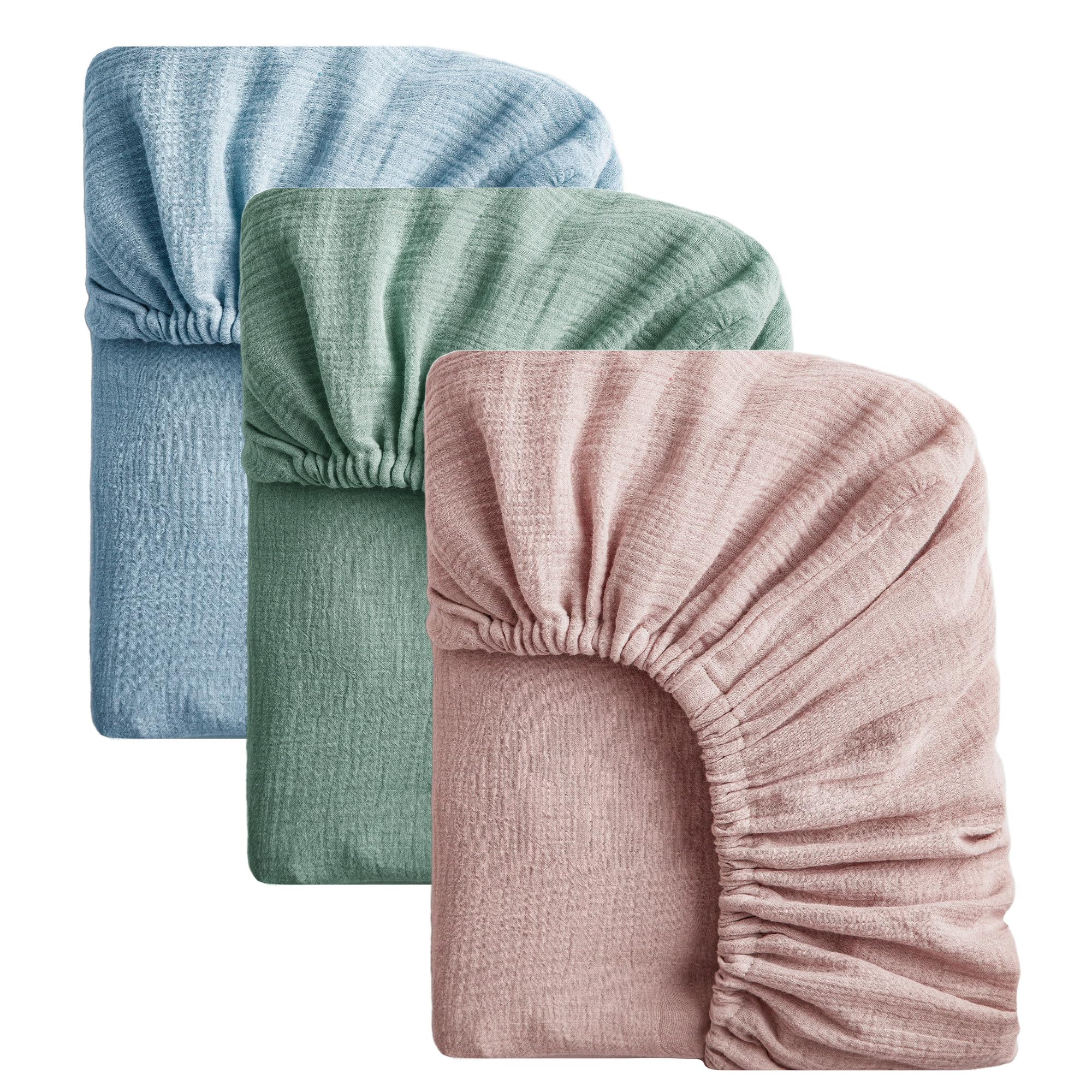 SOULFUL Muslin Crib Sheets for Boys Girls, 3 Pack Soft and Breathable Cotton Fitted Crib Sheets for Standard Crib Mattress (28"x 52", Blue &amp; Dusty Rose &amp; Green)