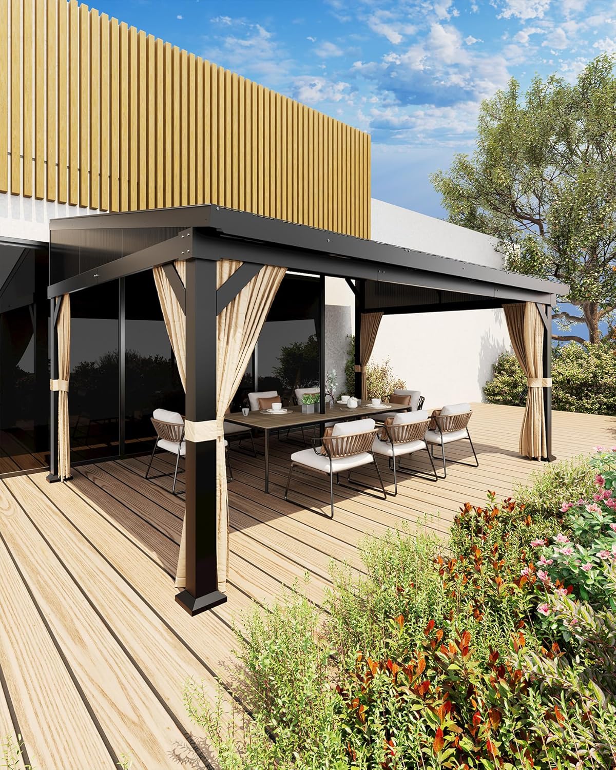 10'x14' Wall-Mounted Lean-to Gazebo with Galvanized Steel Roof, Gutters & Sliding Netting/Curtains – Hardtop Metal Pergola Canopy for Patio, Backyard, Garden, or Carport – Weather-Resistant & Durable