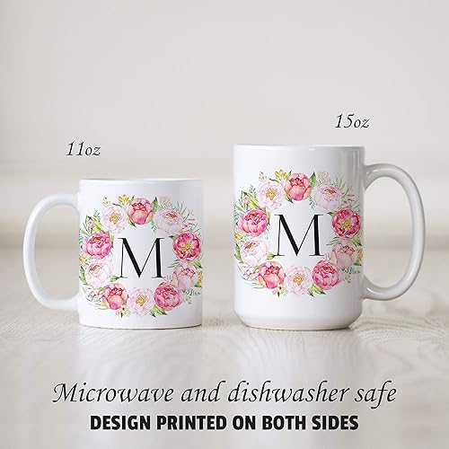 Miniatura 3 de Peony Floral Monogram Initial Ceramic Coffee Mug, 11 oz or 15 oz