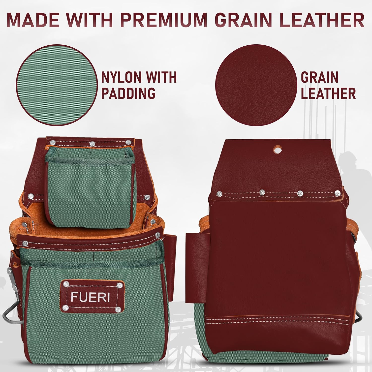 FUERI Electrician's Heavy Duty Tool Belt for Men, Made of Thick Leather and Durable Nylon, Comes with Adjustable Padded Tool Belt, Storage Capacity Tool Pouches, Hammer Holder, And Suspender Loops.