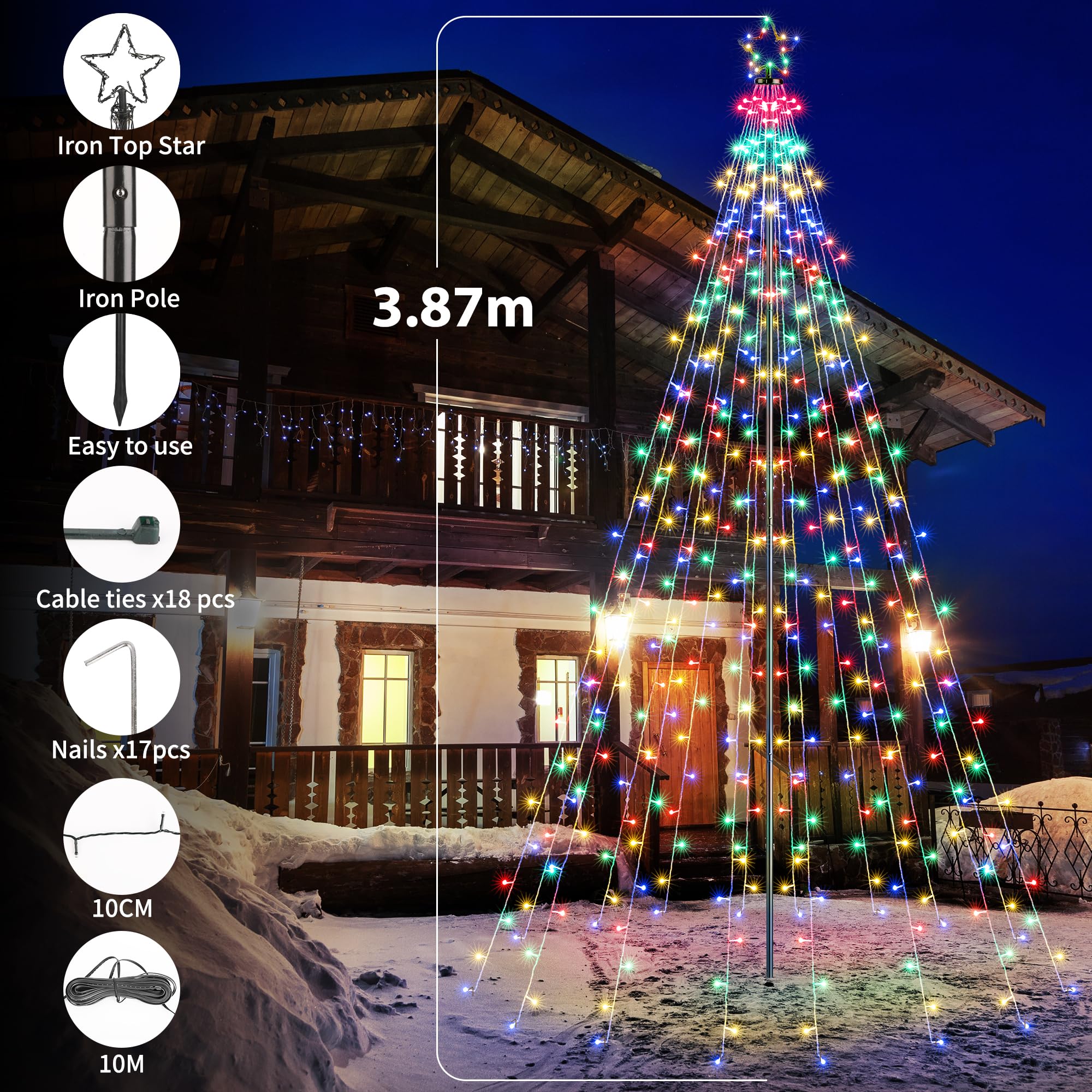 iBaycon Weihnachtsbeleuchtung Außen mit Stern 3.87M 568 LED Bunt | 16 Girlanden Weihnachtsbaum Lichterkette,8 Modi Fernbedienung Timer Dimmbar Weihnachtsdeko Aussen für Garten Rasen Hof