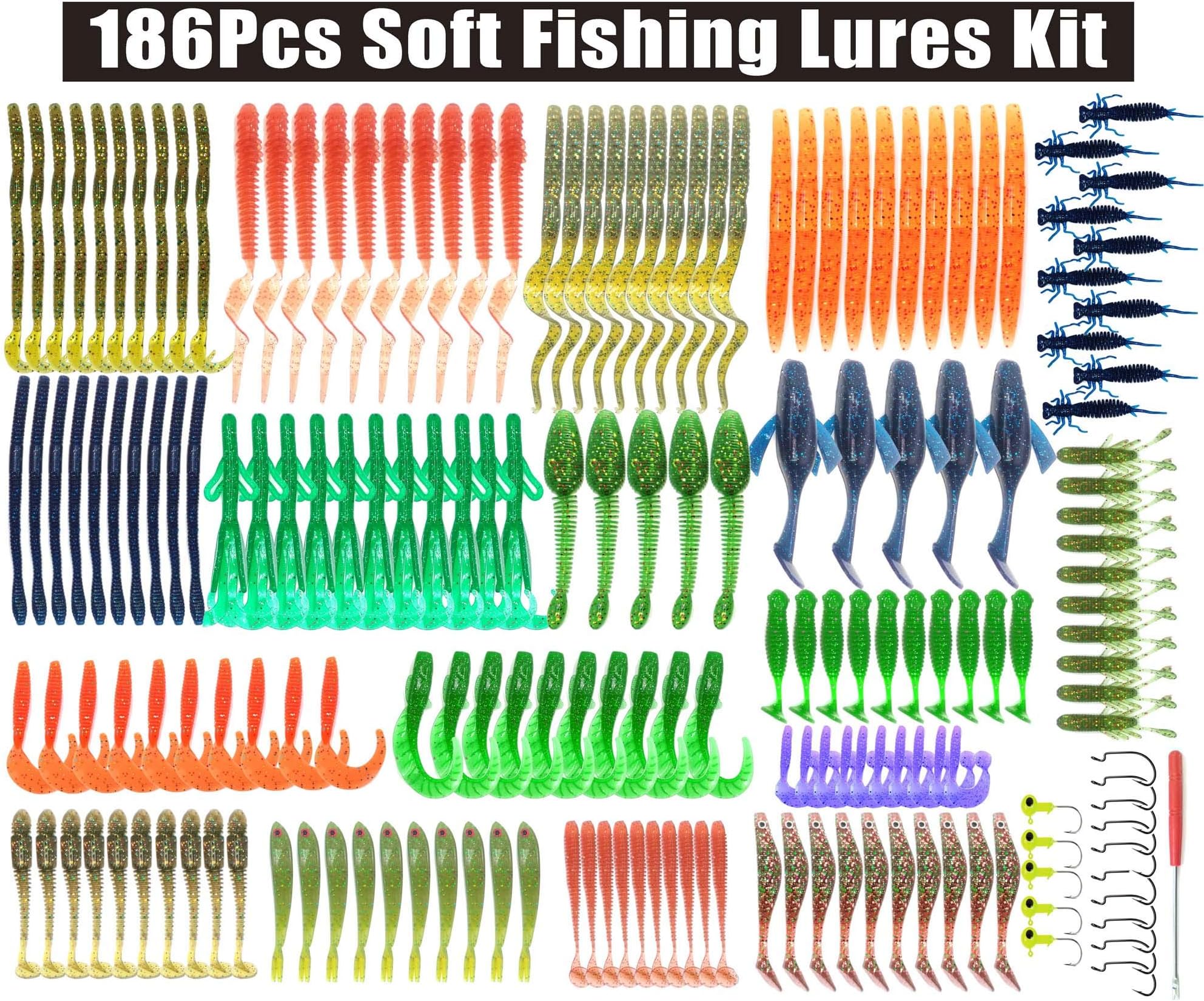 XBLACK Soft Fishing Lures Kit Fishing Baits Set Grub Twintails Worm Craws Lizards Centipede Frog Shad Soft Lures Baits for Freshwater Saltwater Bass Trout Walley (186pcs)