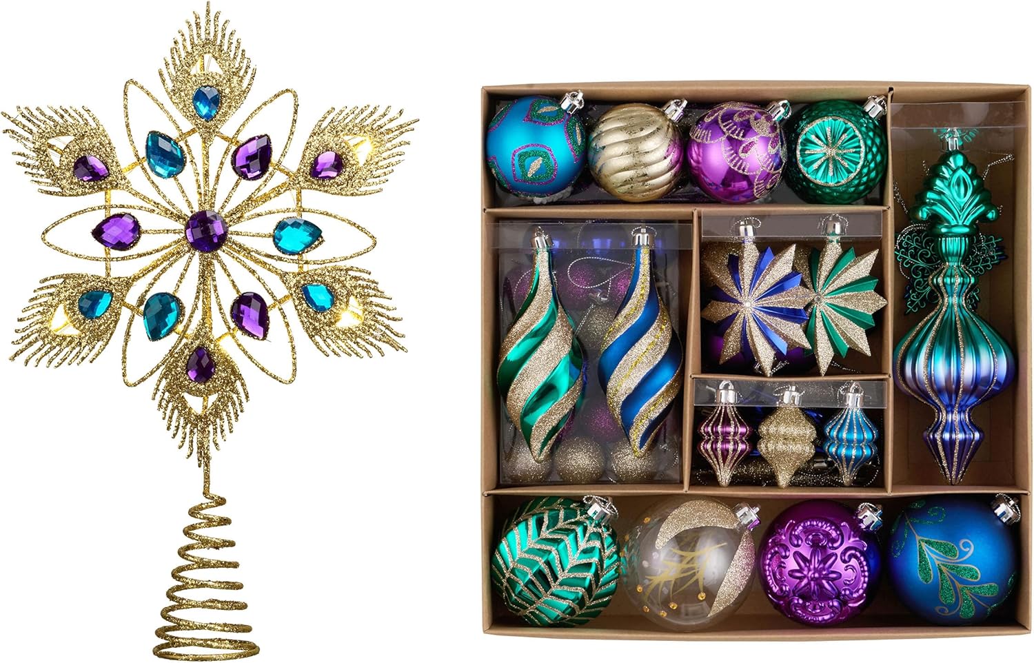 Valery Madelyn Star Christmas Tree Topper with Timer for Tree Decorations&Christmas Ball Ornaments, 80ct Peacock Blue Purple Green Shatterproof Christmas Tree Decorations Set(2 Items Buddle)