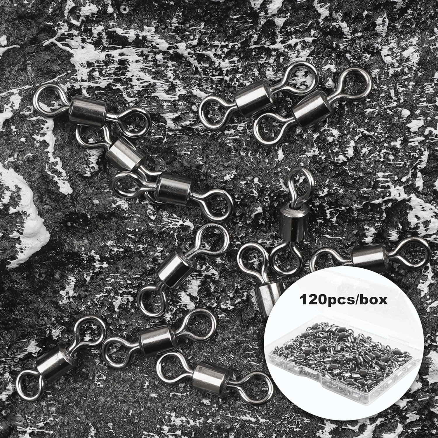 Rolling Barrel Fishing Swivel,120pcs Stainless Steel Black Nickel Fishing Line Connector Swivels Fishing Tackle for Saltwater 30LB to 335LB