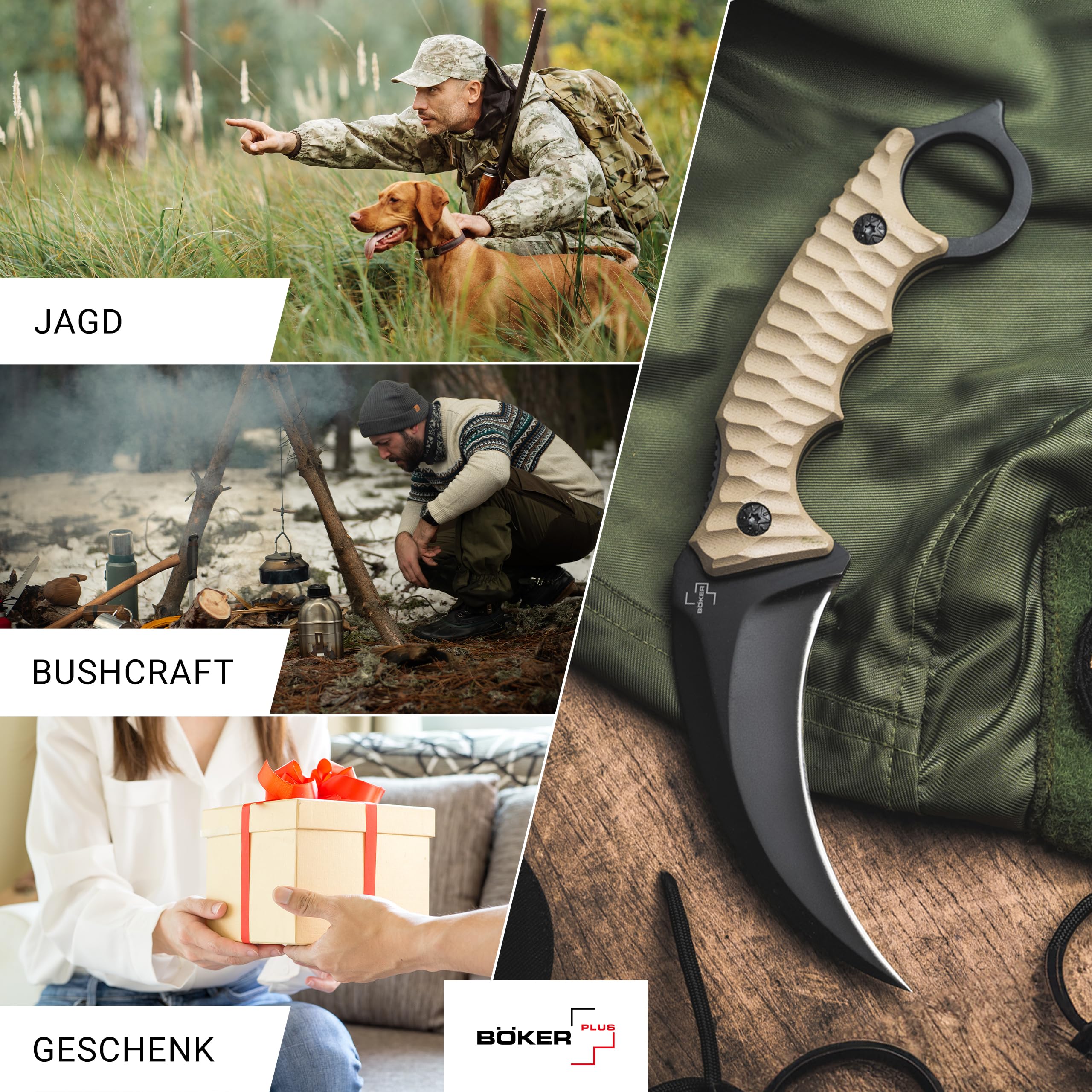 BÖKER PLUS Spike Karambit - Karambit Messer scharf - Fulltang Knife mit Sichel-Klinge schwarz - Hawkbill Messer mit Kydex-Scheide & Gürtel-Adapter - Profi Gürtelmesser mit Ring am G10 Griff-Ende