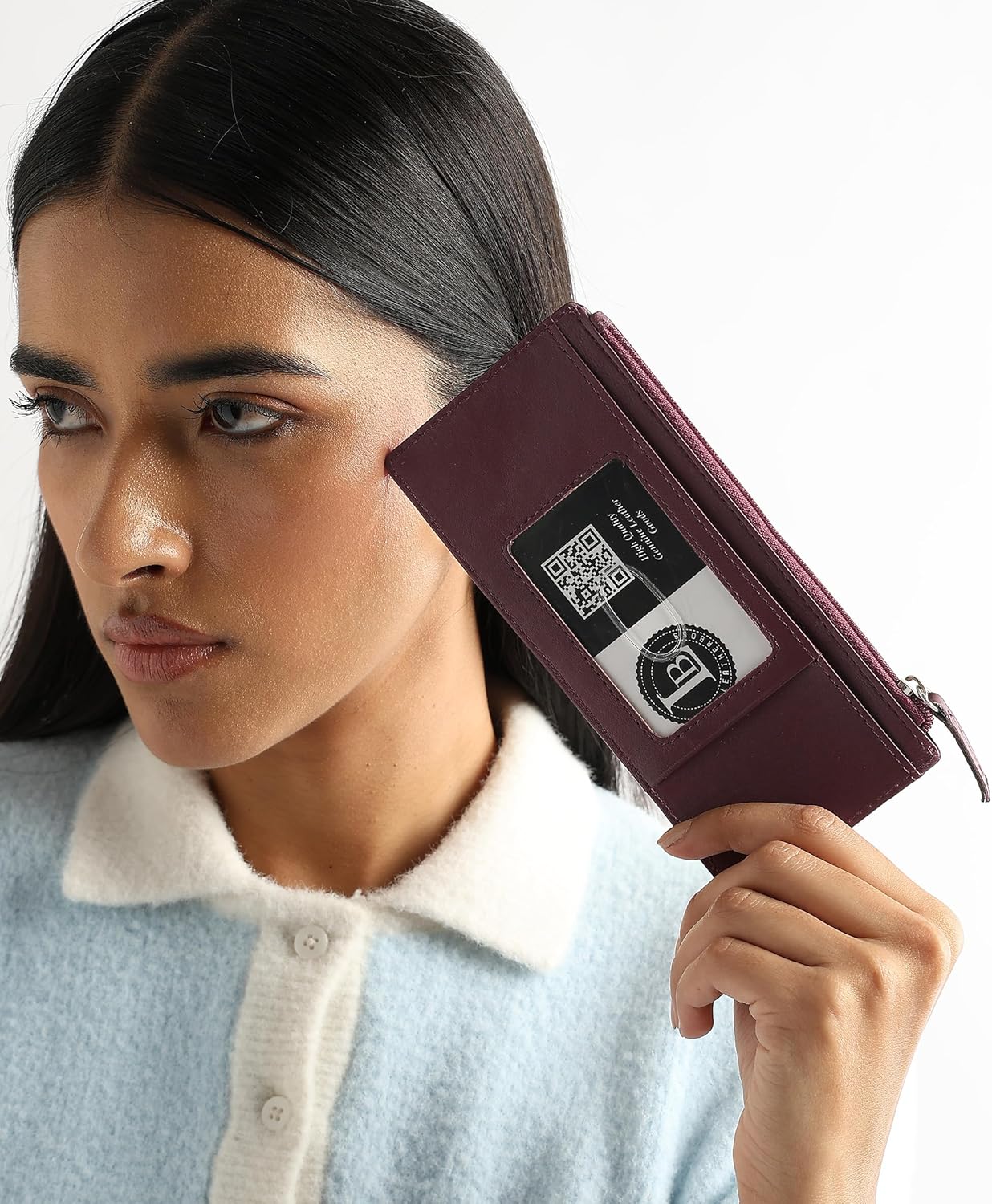 Leatherboss Genuine Leather Women's All in One Credit Business Card Case Holder Slim Zipper Wallet With a Card Protection Strap, Wine - Image 8