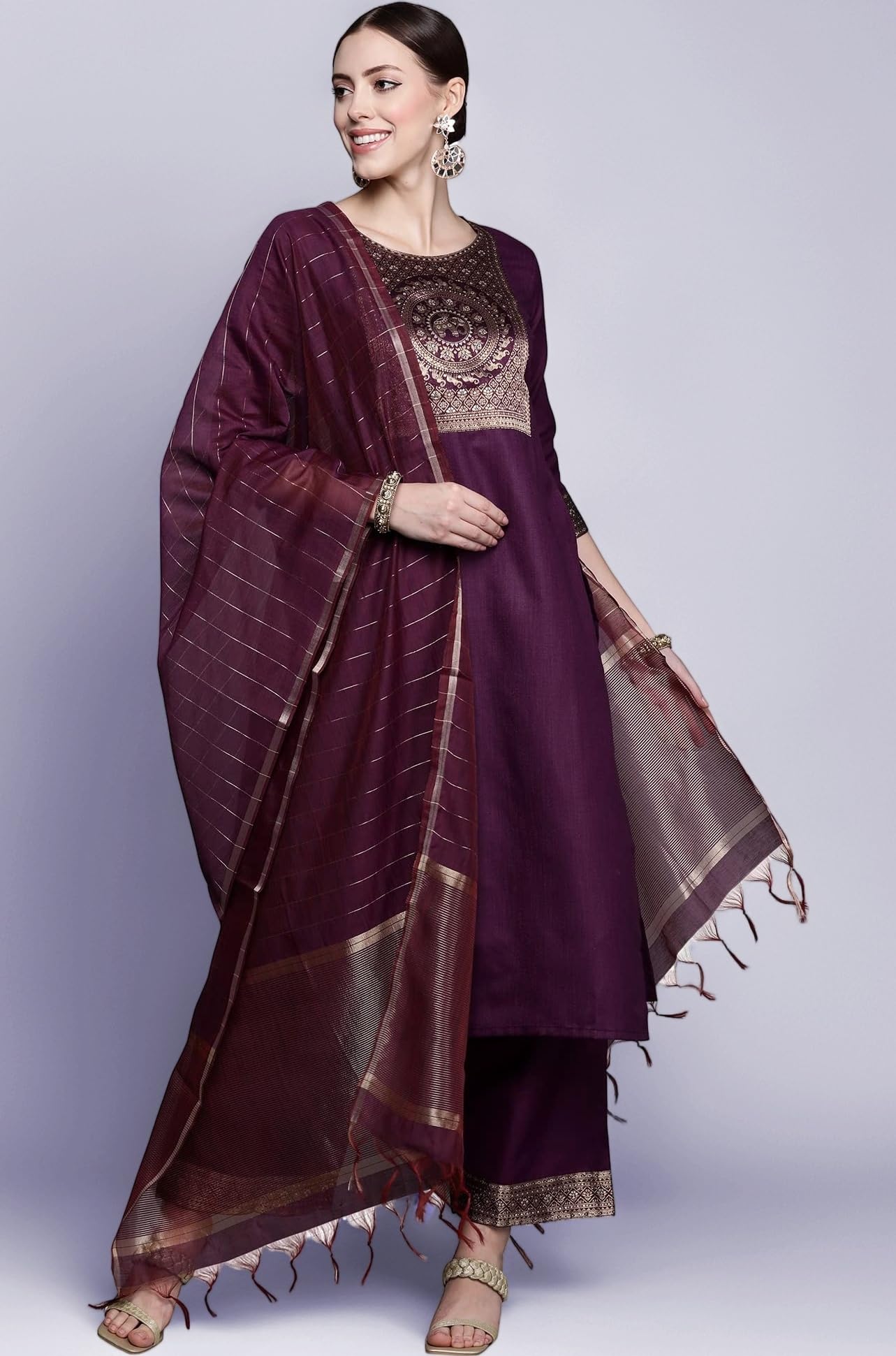 Women's Cotton Yoke Design Straight Kurta Pant with Dupatta Set
