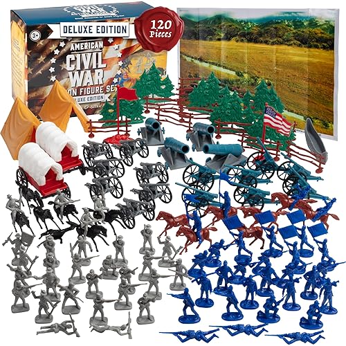 Civil War Army Men Toy Soldier Action Figure Deluxe Playset -120pc with Confederate & Union Soldiers, Cannons, Wagons, Rideable Horses, Terrain & Giant Playmat -Great for Kids Gifts, Classroom Diorama