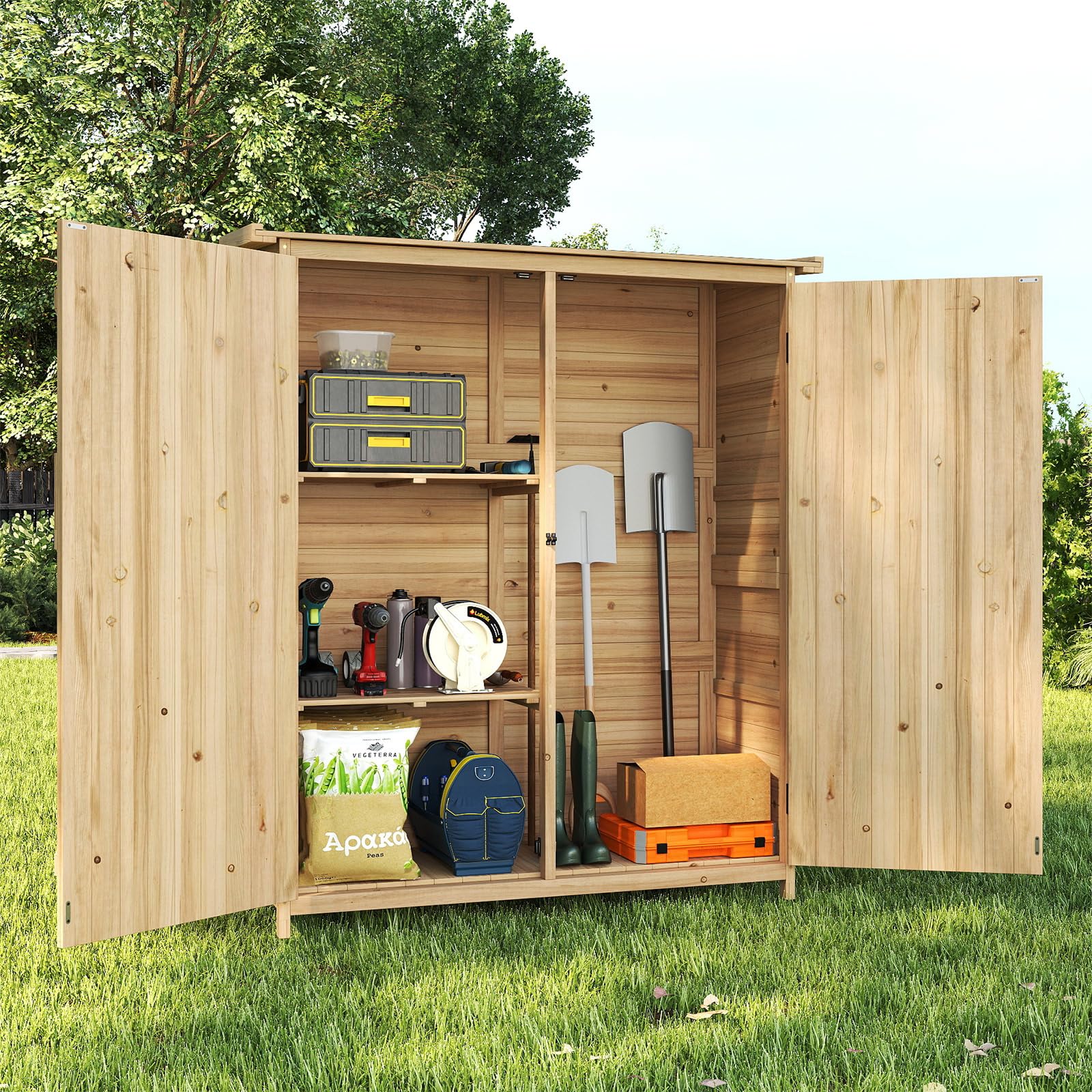 HOMASIS Cobertizo de jardín de Madera, Cobertizo de Herramientas Exterior con estantes Resistente, Caseta de Herramientas con Techo Inclinado, Puertas con Doble Cerradura, Natural (140 x 51 x 163 cm)