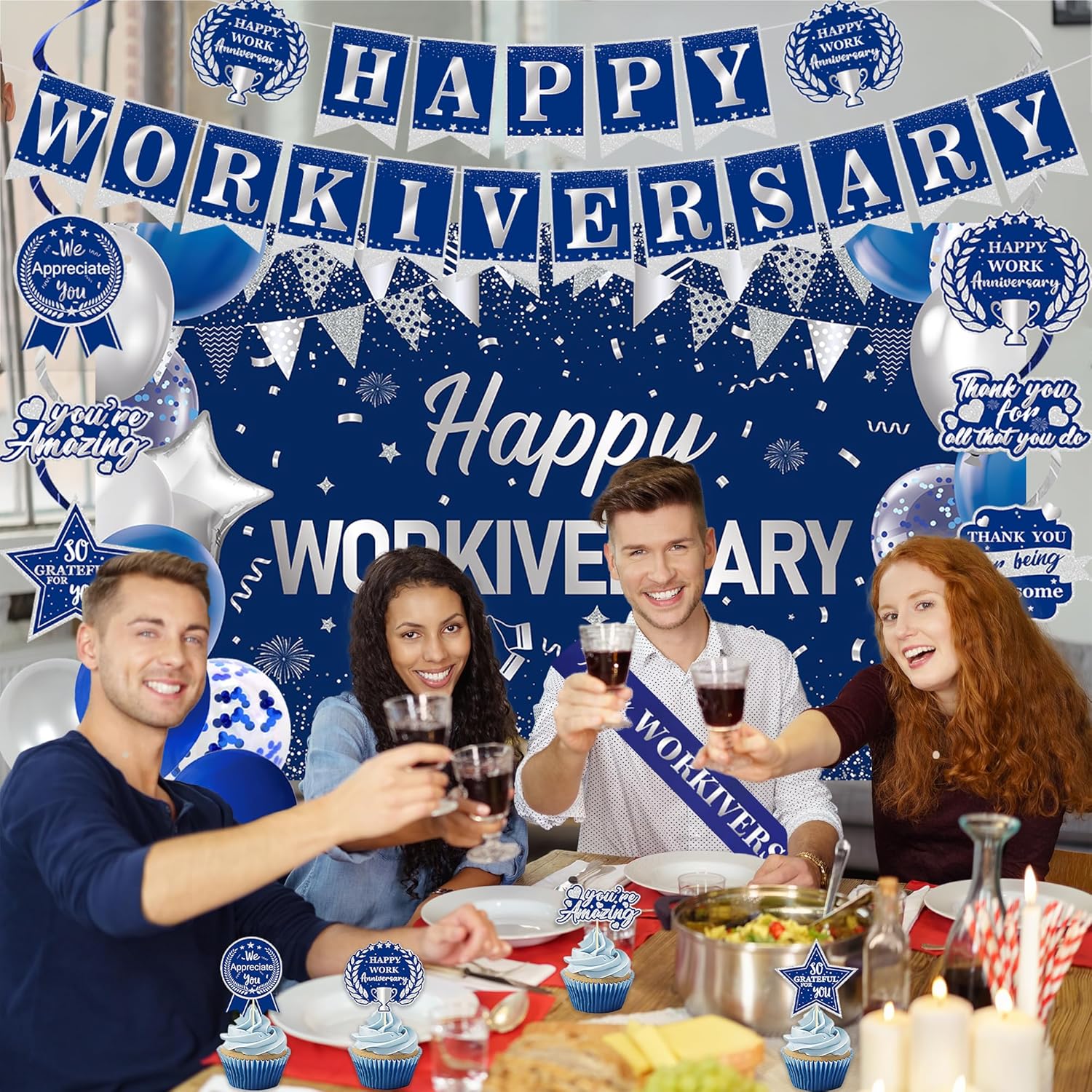 DARUNAXY Happy Workiversary Party Decorations for Men Women, Blue Silver Happy Work Anniversary Banner Cake Topper Hanging Swirl Confetti Balloons Decor Set for Employee Office Party Supplies(31PC)