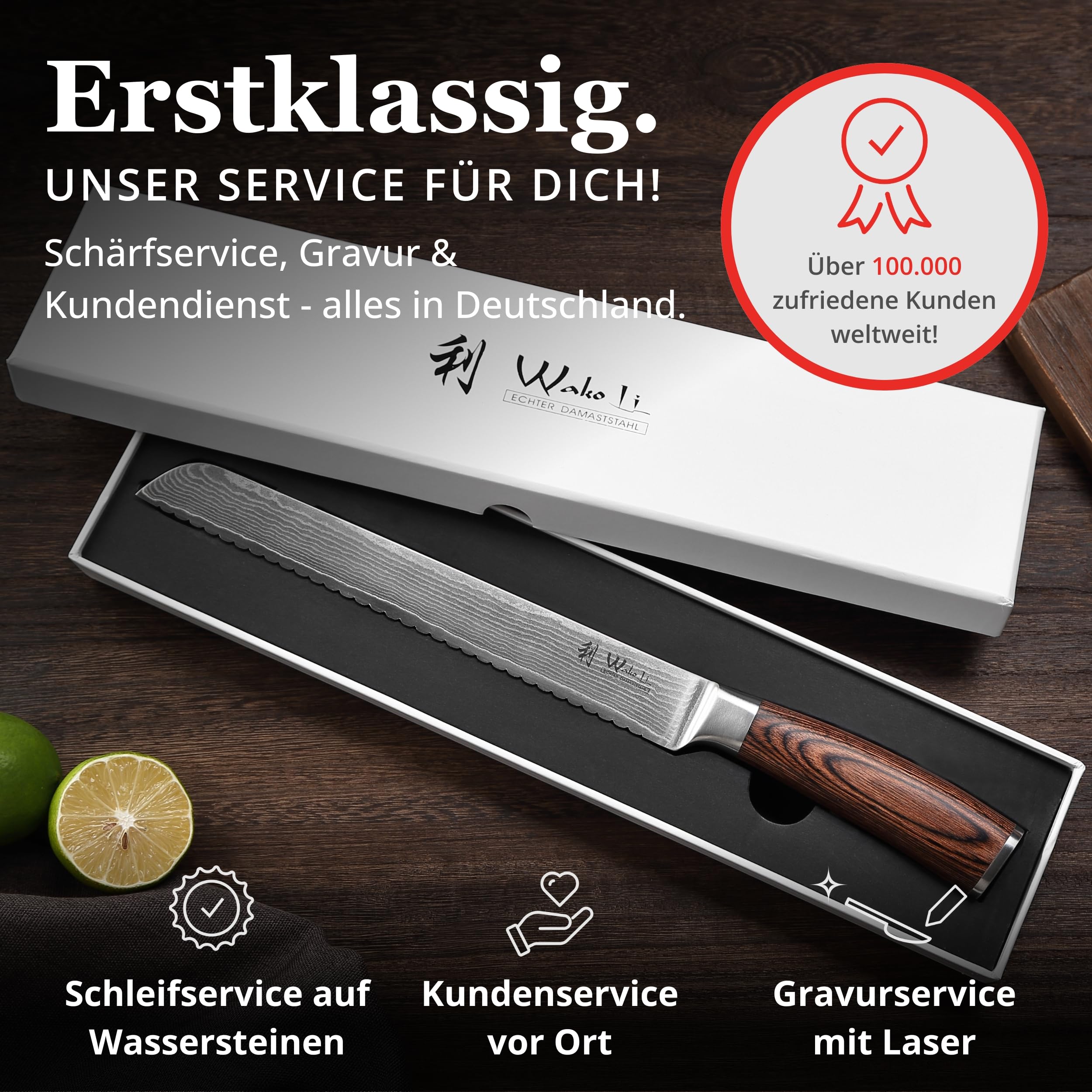 Wakoli EDIB Brotmesser, 23 cm Klinge aus Damaststahl mit VG10 Kern | Einseitiger Wellenschliff für große Brotlaibe, Baguette und Krusten; 67 Lagen, 60 ± 2 HRC, Pakkaholzgriff, Geschenkbox