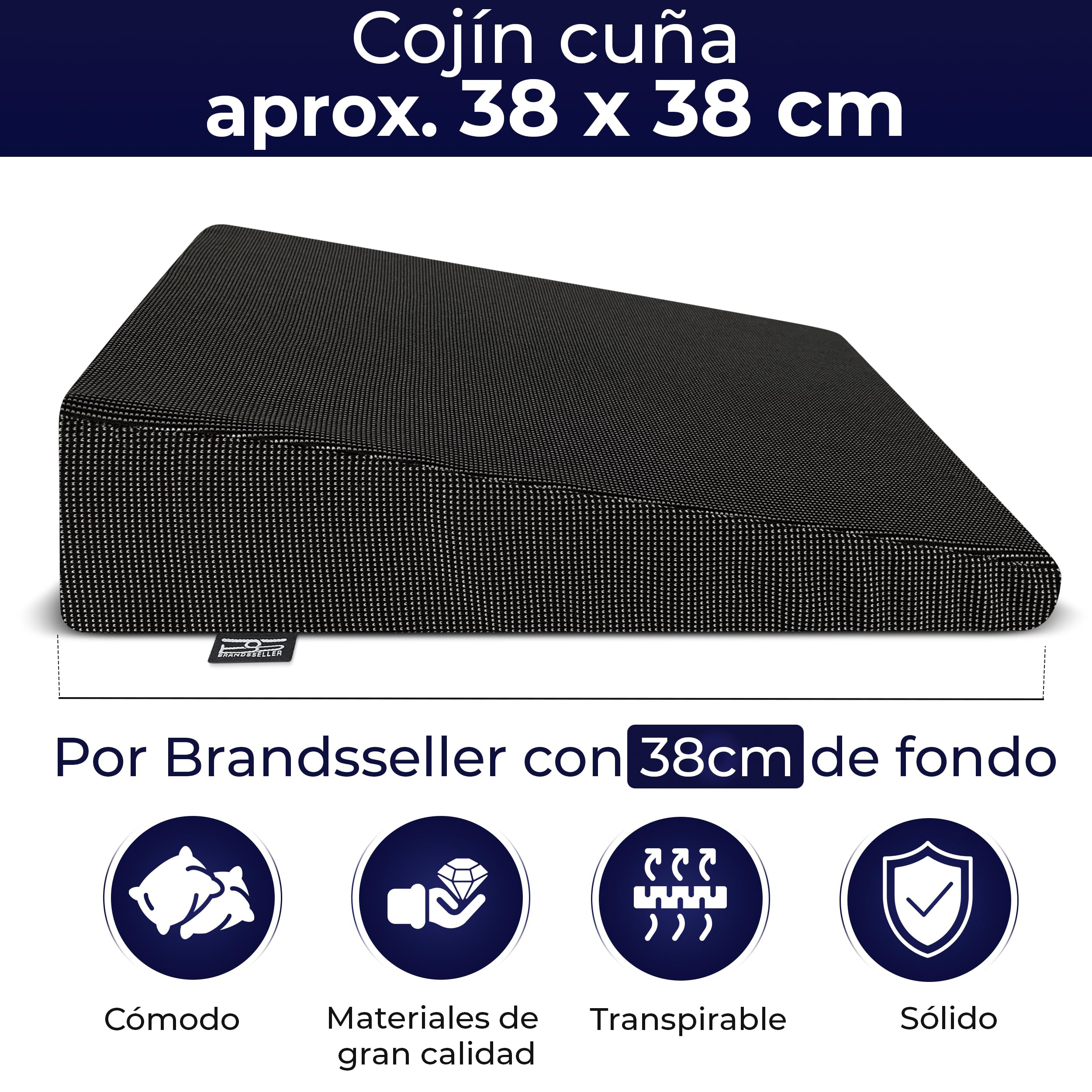 Brandsseller - Cojín en forma de cuña para silla, asiento de coche, silla de oficina (38 x 38 x 8/2 cm), algodón, Negro , 38 cm x 38 x 8/2 cm