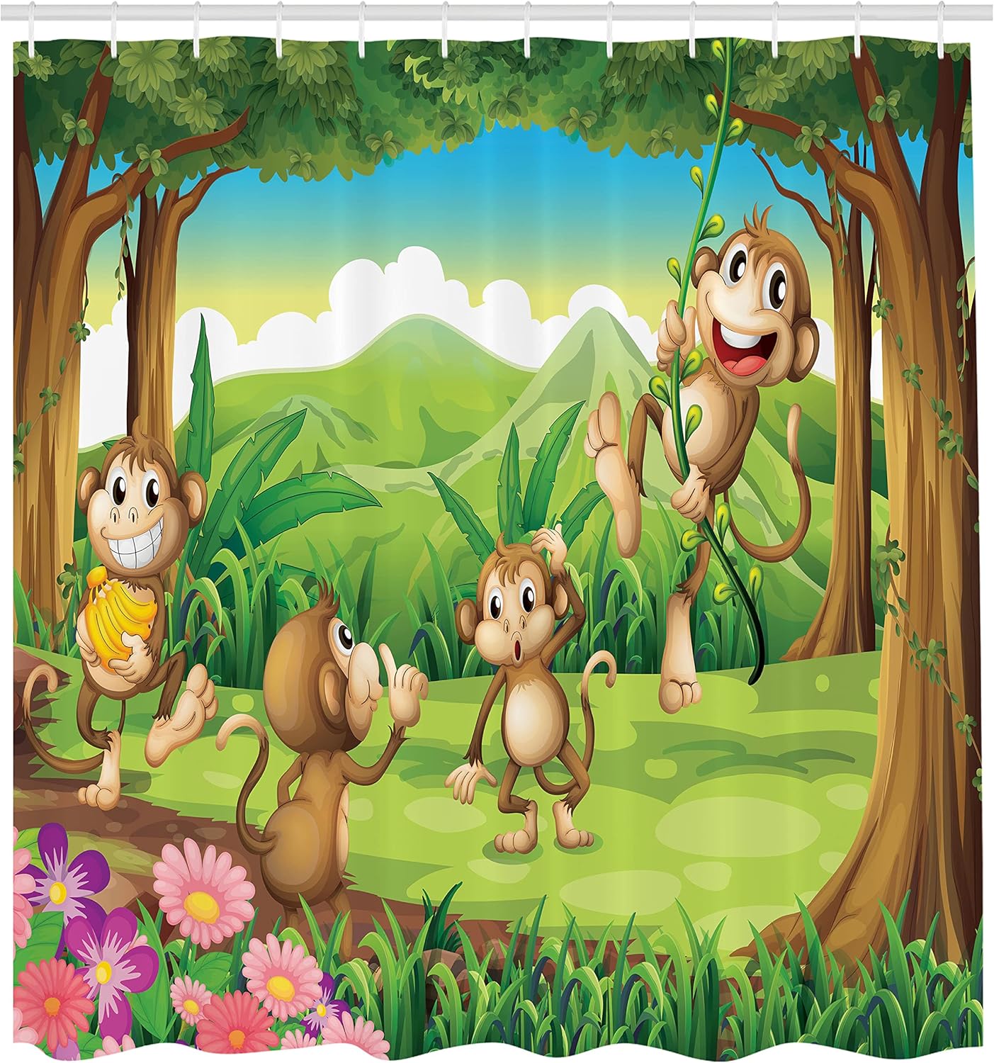 Ambesonne Tropical Shower Curtain, Digital Dot Featured Fun Monkey Face Portrait Little Geometrical Rounds Print, Cloth Fabric Bathroom Decor Set with Hooks, 69" W x 84" L, Brown Tan