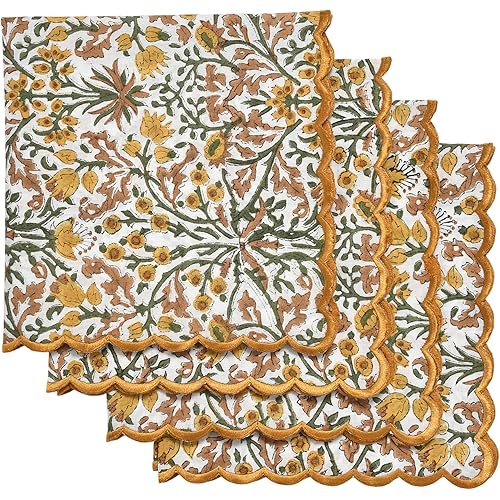 Ridhi Goldenrod Yellow Fern Green Cloth Napkins 100% Pure Cotton Farmhouse Wedding Dinner Napkins for Halloween, Thanksgiving, Holiday Daily Wedding uses Napkins 4-18x18 Dinner Napkin