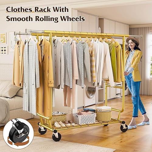 Vista 20 de Raybee Perchero con carga de 630 libras, perchero de ropa resistente, estantes de ropa rodantes para colgar ropa con ruedas, perchero ajustable