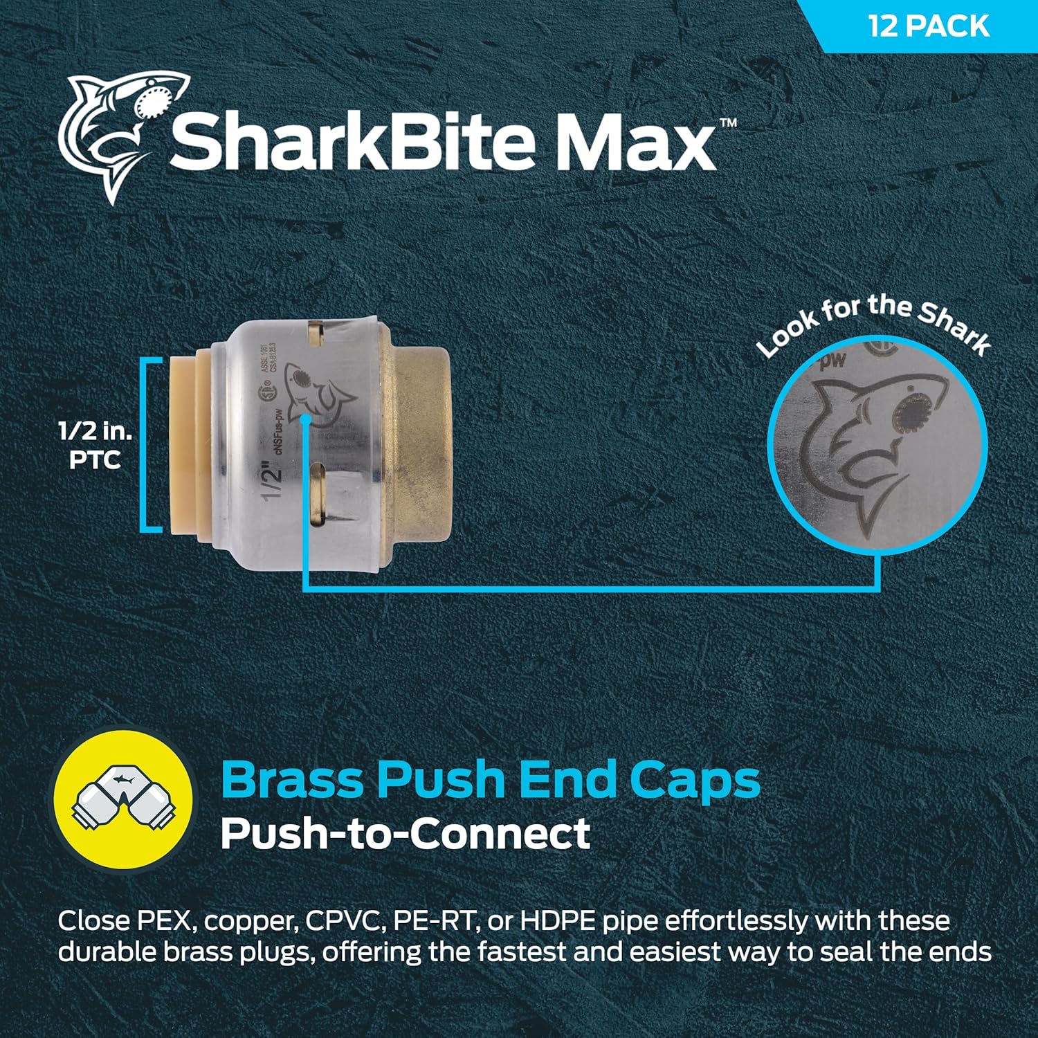 SharkBite Max 1/2 Inch Push Cap, Made in the USA, Pack of 12, Push to Connect Brass Plumbing Fitting, UR514