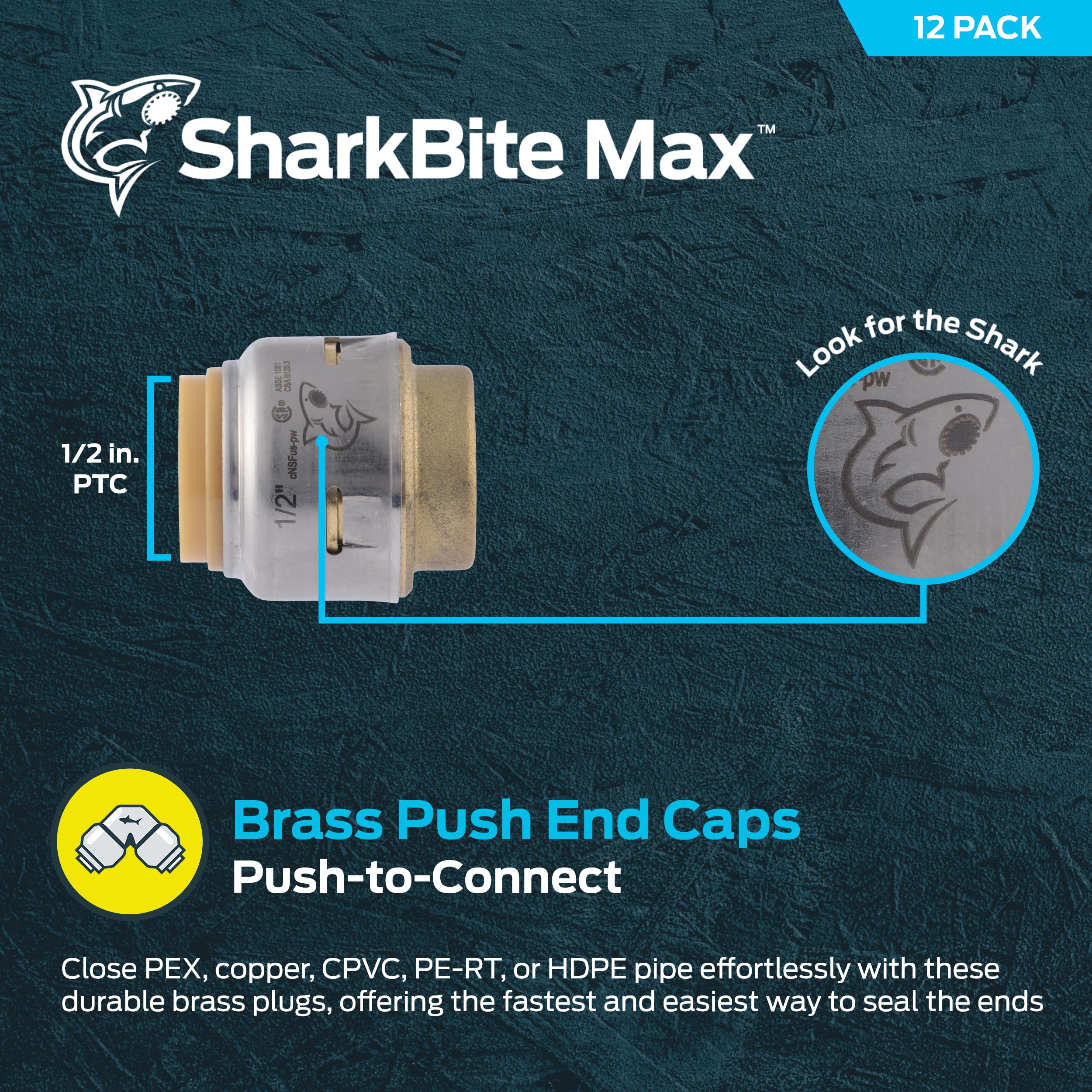 SharkBite Max - Tapa de empuje de 1/2 pulgada, paquete de 12, accesorios de fontanería de latón a presión, tubo PEX, cobre, CPVC, PE-RT, HDPE, UR514