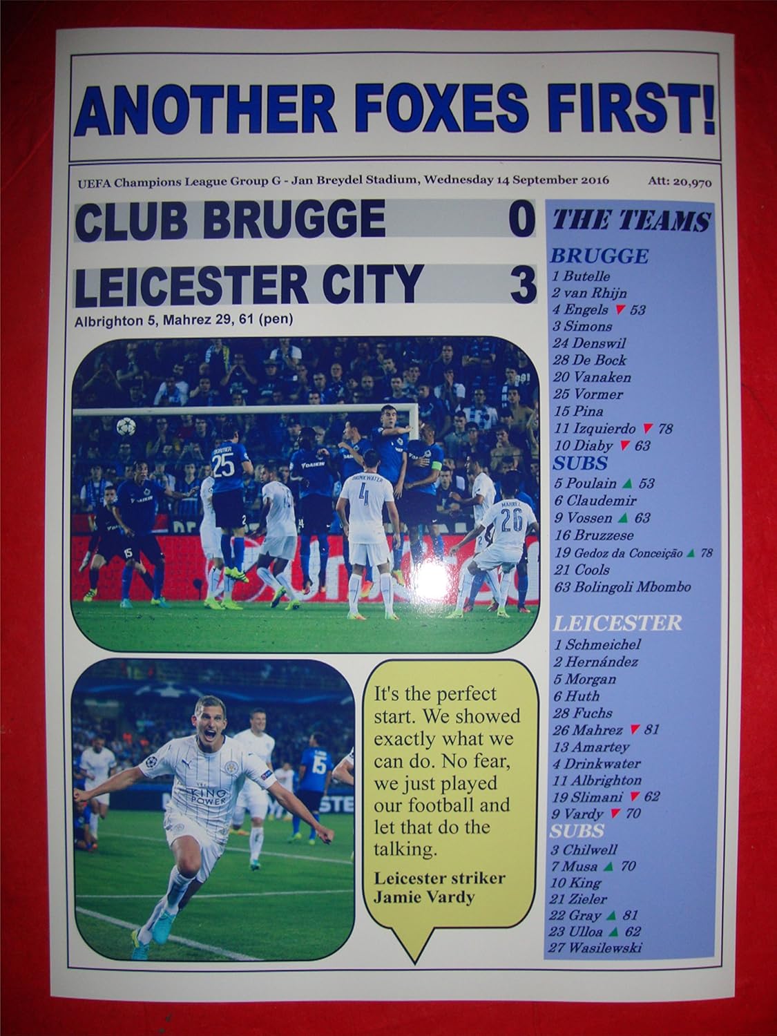 Lilywhite Multimedia Club Brugge 0 Leicester City 3 - 2016 Champions League - souvenir print