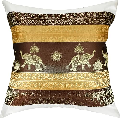 Miniatura 2 de AeraVida Juego de 2 fundas de cojín de seda con estampado de elefante tailandés neutro y rayas de sol (blanco)  Fundas de almohada con estampado de