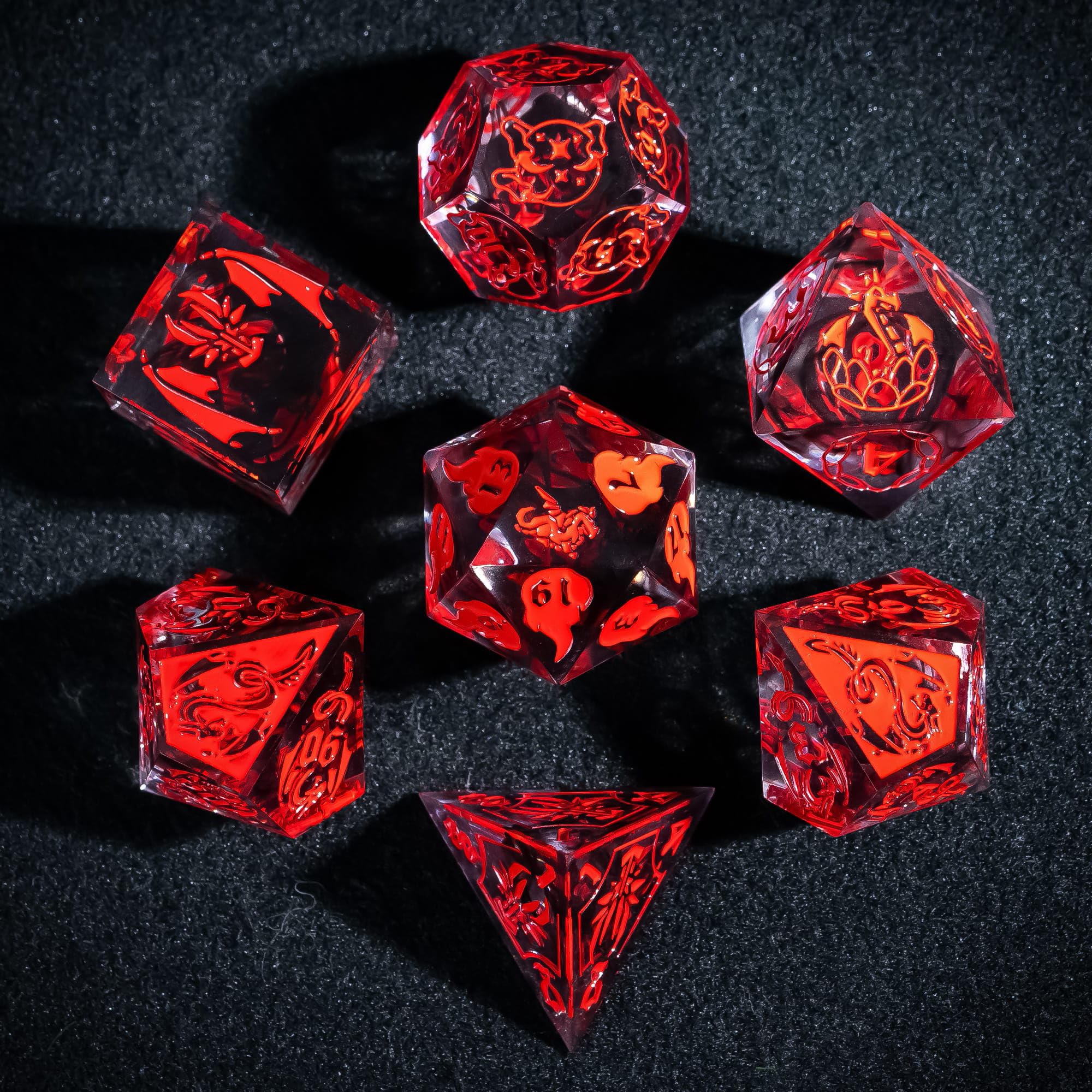 Cusdie 7-Piece Sharp Edges DND Dice Set with Dragon Pattern - Perfect for Tabletop RPGs Board Games Gifting and Collecting(Transparent Red with Balck Smoke) — image 1