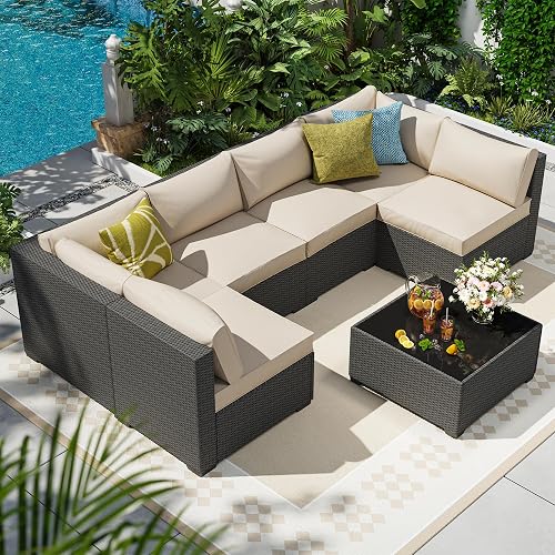 olimix 7 Piece Outdoor Patio Furniture Set, Outdoor Sectional Furniture, Rattan & Wicker Modern Modular Conversation Set Sofa Couch W/Water Resistant Washable Thick Cushions, Black/Beige