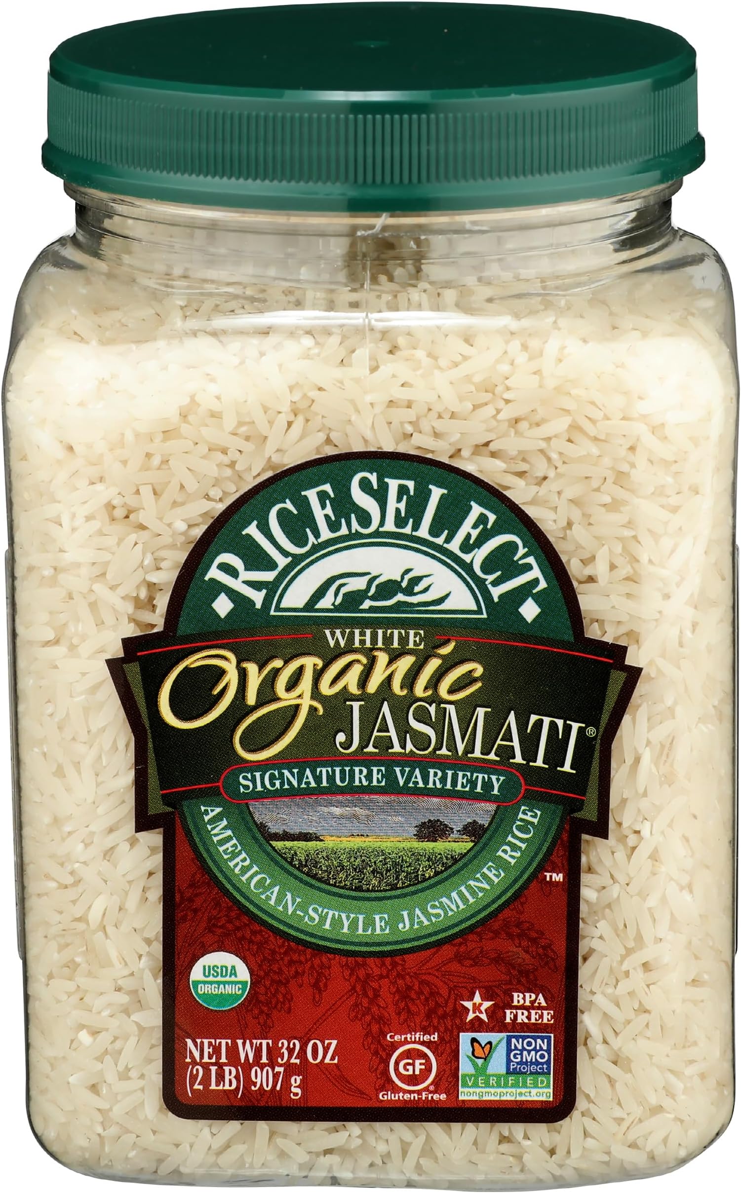 RiceSelect Jasmati Organic Rice, Long-Grain Organic Jasmine Rice, Premium Gluten-Free Rice, Non-GMO, 32-Ounce Jar
