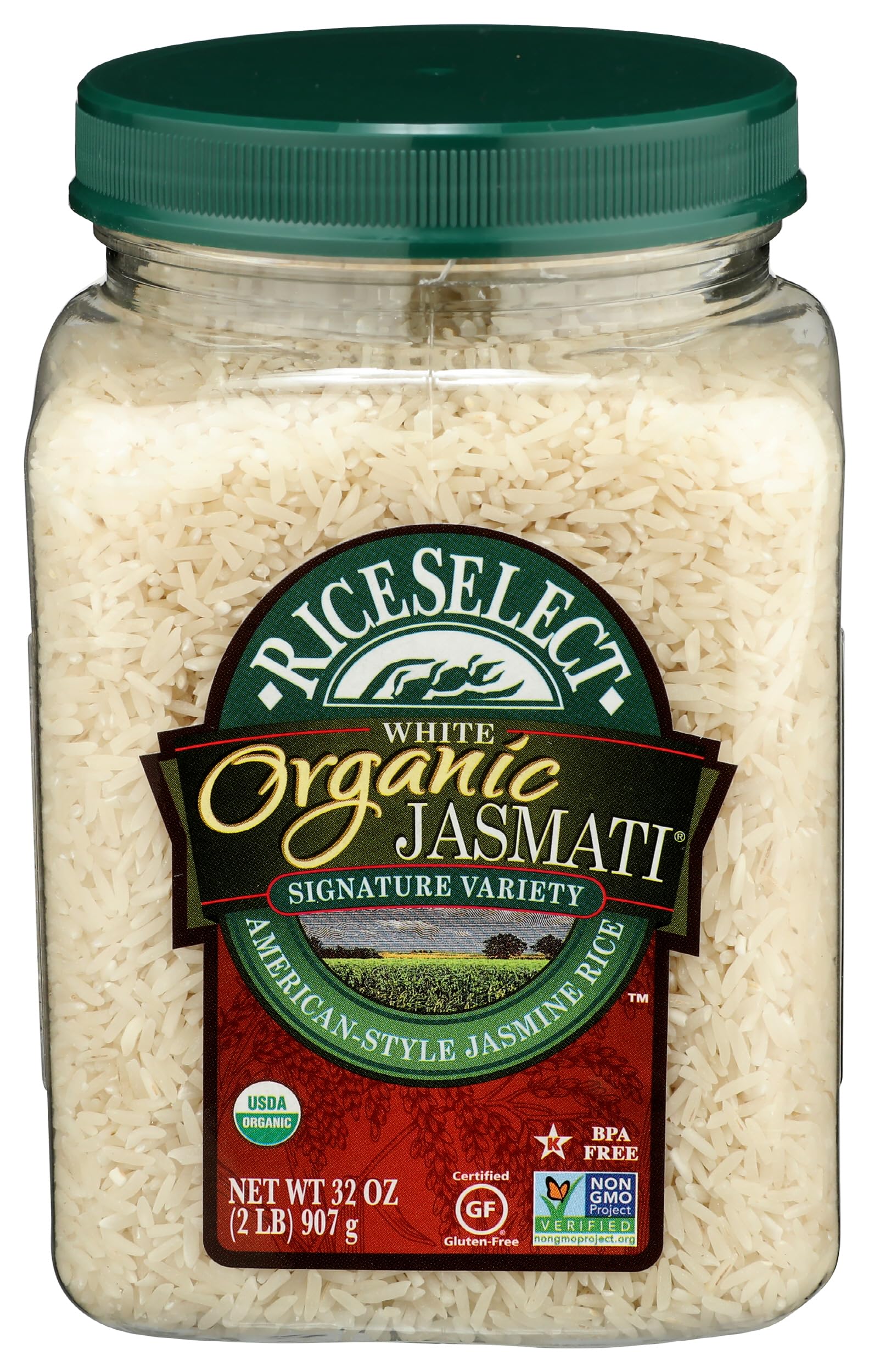 RiceSelect Jasmati Organic Rice, Long-Grain Organic Jasmine Rice, Premium Gluten-Free Rice, Non-GMO, 32-Ounce Jar