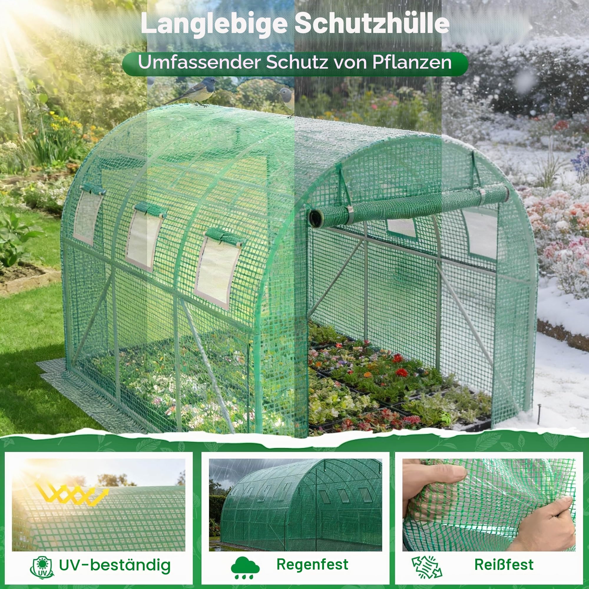 UISEBRT Gewächshaus Foliengewächshaus mit 2 Tür,16 Aufrollbare Fenster mit Moskitonetz,Folientunnel Tomatenhaus aus verzinktem Stahl, PE, Folienzelt inkl. Erdanker & Seilen,800x300x200cm