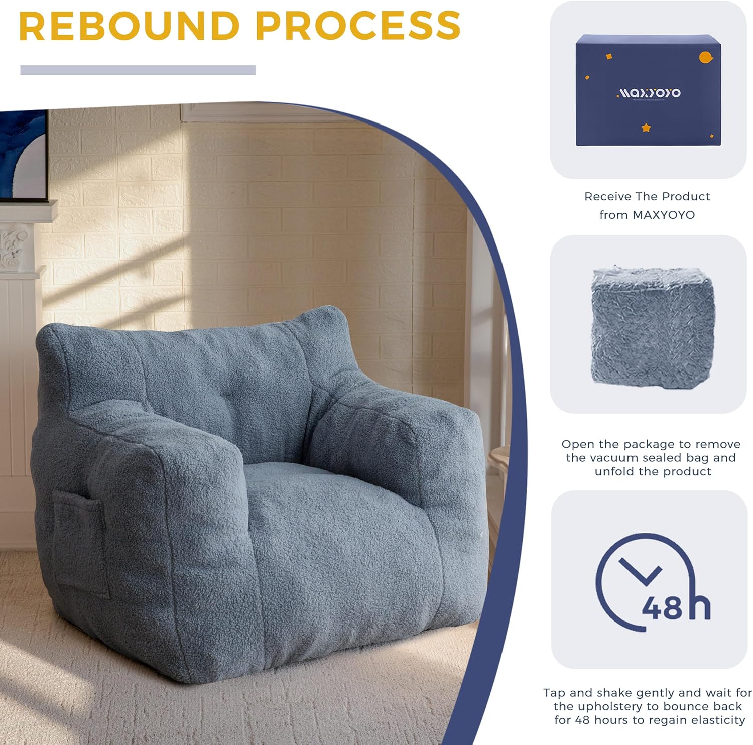 MAXYOYO Bean Bag Chair, Tufted Bean Bag Sofa with Boucle Fabric, Comfy Lazy Chair with Filler, Living Room Sofa for Adults Teens, Accent Couch for Bedroom Dorm, Dusty Blue