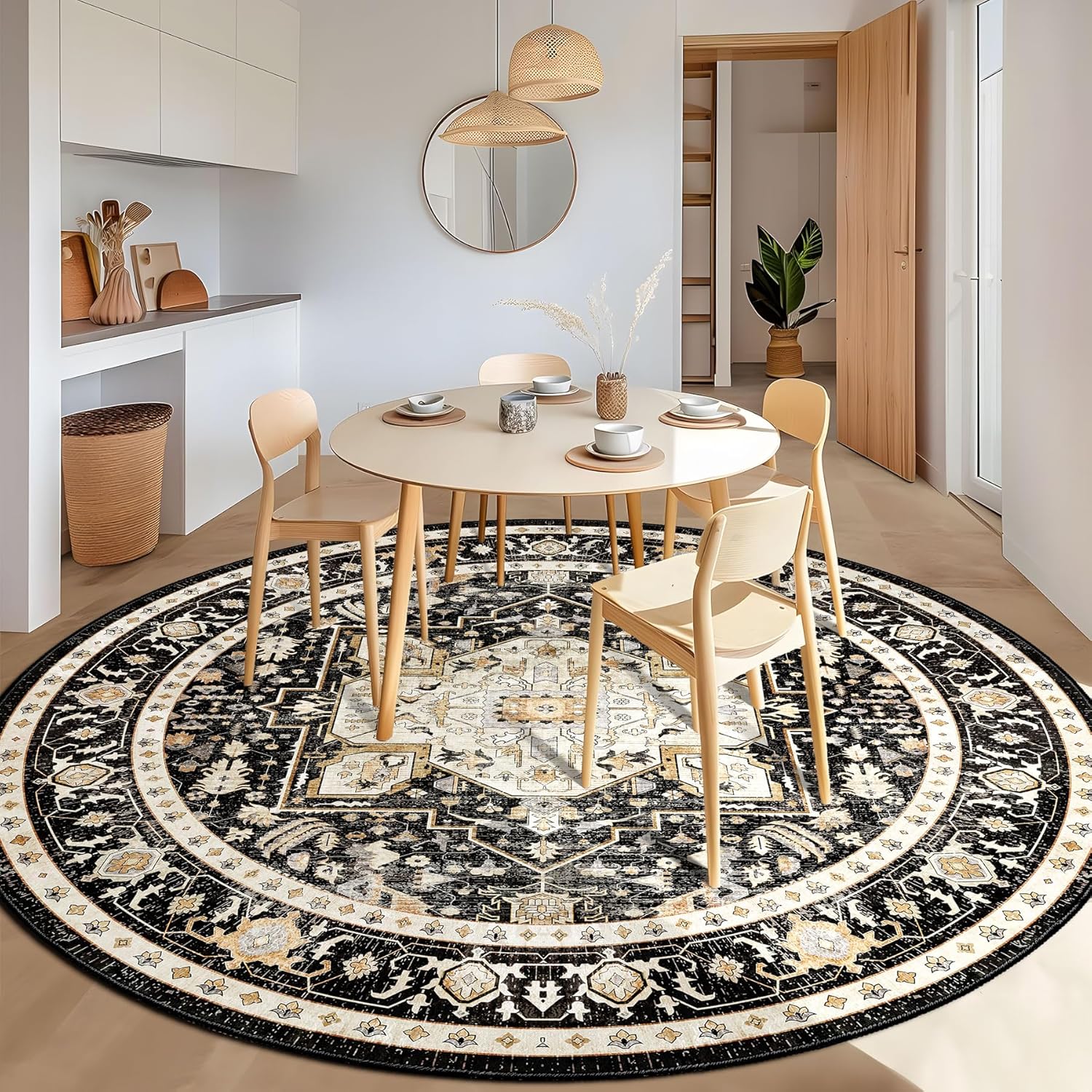 MUJOO Round Rugs 9ft,Black Circle Area Rug Washable,Boho Circular Rugs for Living Room Bedroom,Large Non Slip Throw Carpet Vintage Soft Black and Gold Floral