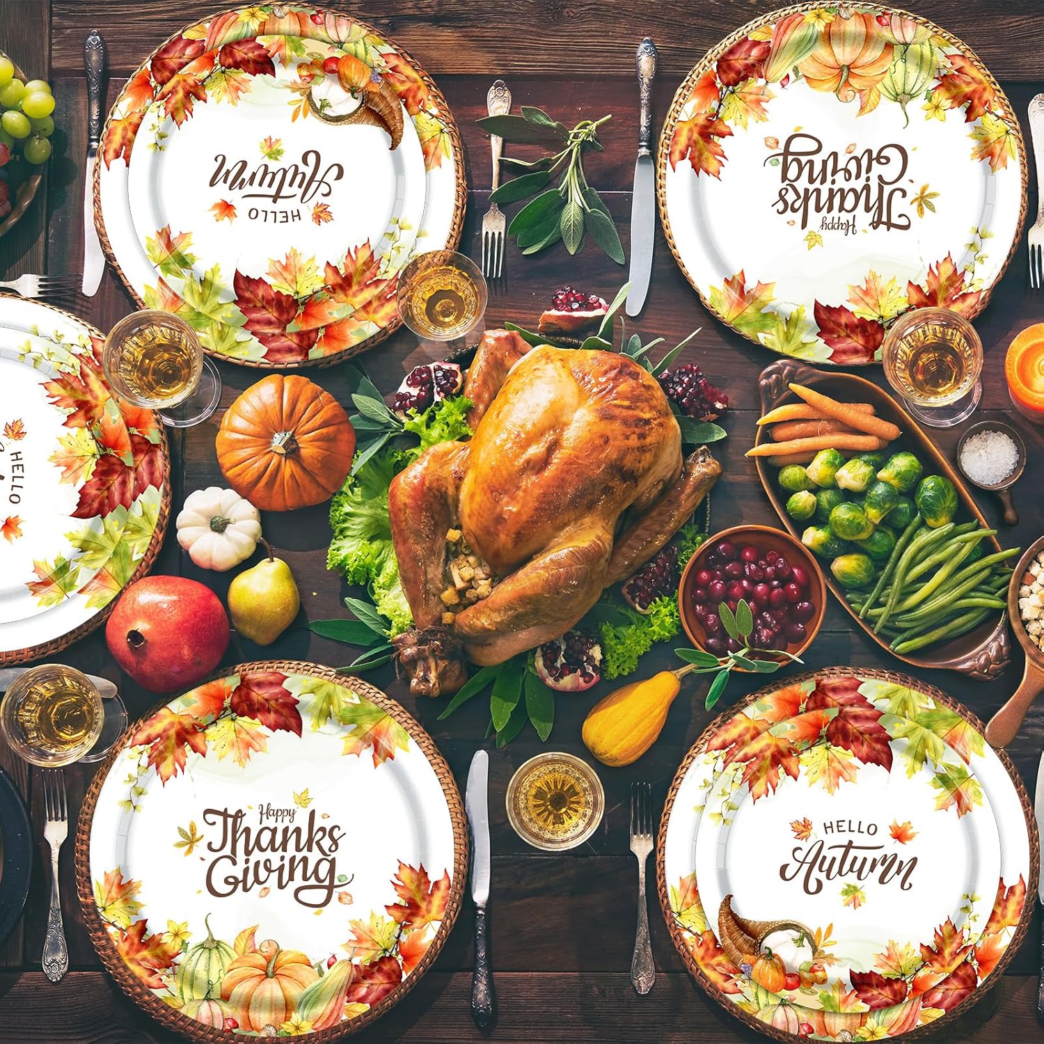 Thanksgiving Plates and Napkins Sets, 142Pcs Fall Thanksgiving Dinnerware Sets Hello Autumn Give Thanks Maple Leaves Plates Napkins Cups Tablecloth for Happy Thanksgiving Party Dinner Decorations