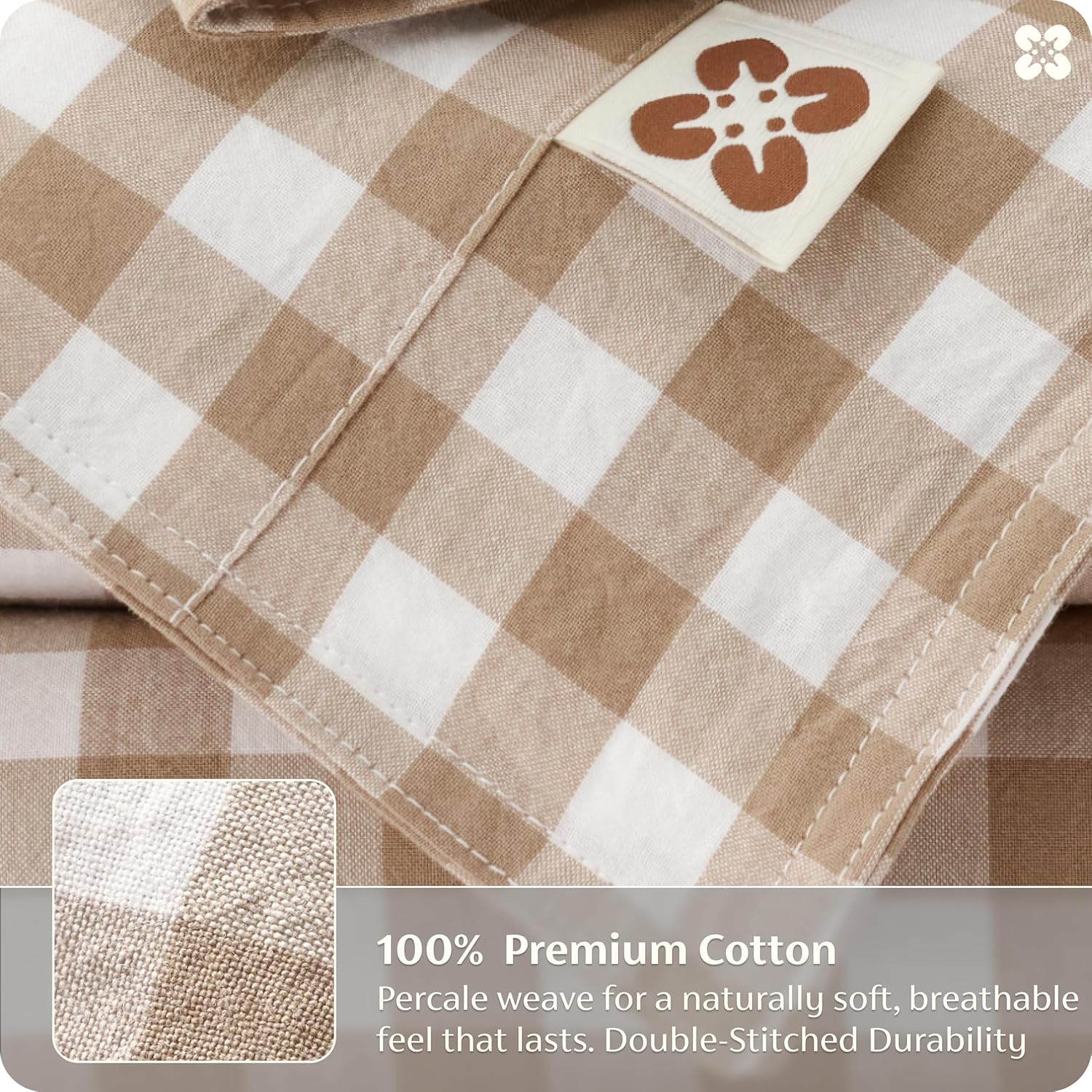 Bedsure Gingham Duvet Cover Queen, 100% Washed Cotton Duvet Cover Linen‑Like, PureWoven with Reversible Yarn‑Dyed Design & Double‑Stitch Craft, 3-Piece with Zipper, Gingham Light Brown, 90"x90"