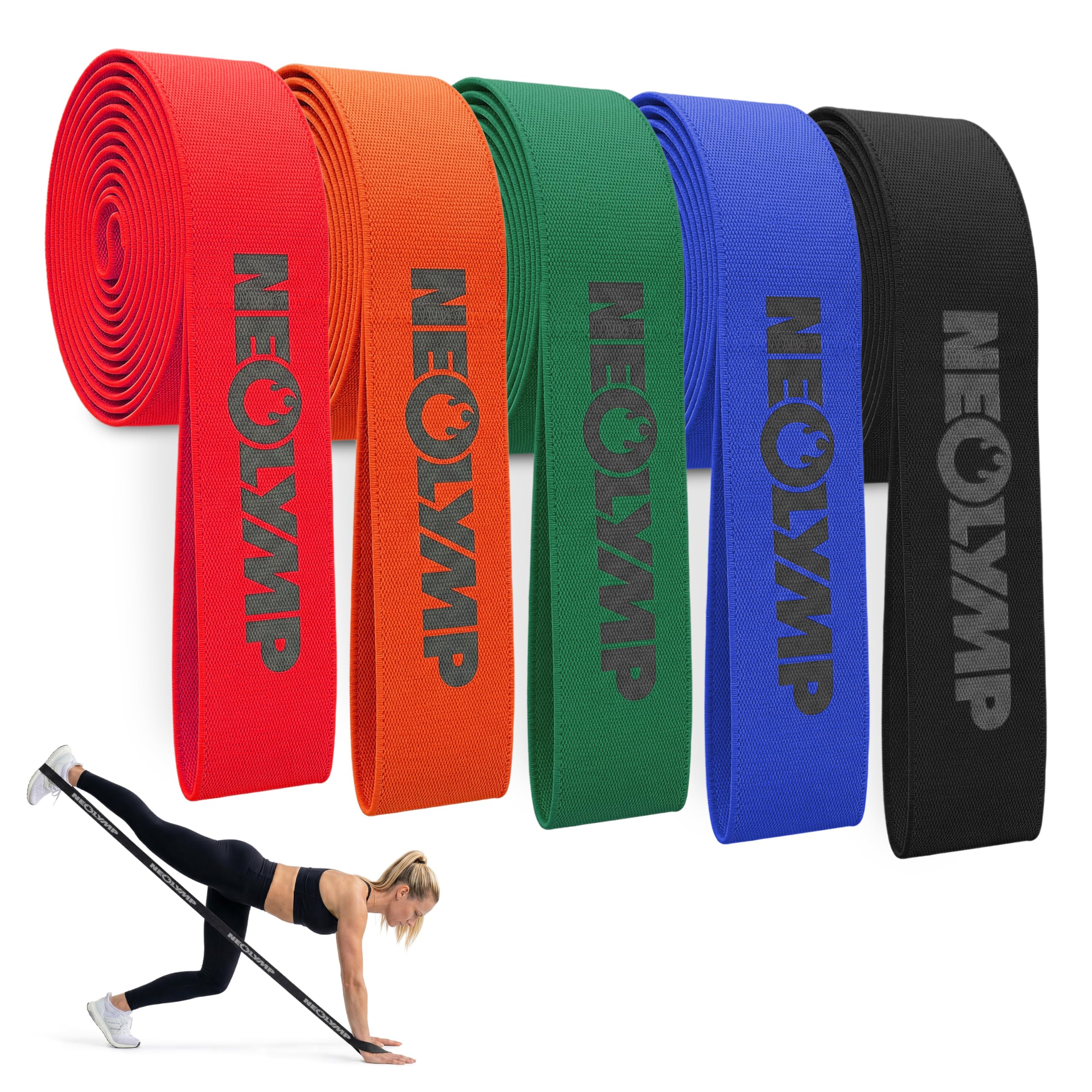 NEOLYMP Fitnessband mit Schlaufen – Premium Fitnessbänder Stoff für Krafttraining zuhause – Widerstandsbänder Krafttraining mit Griff & Level System – Resistance Bands Gymnastikband waschbar